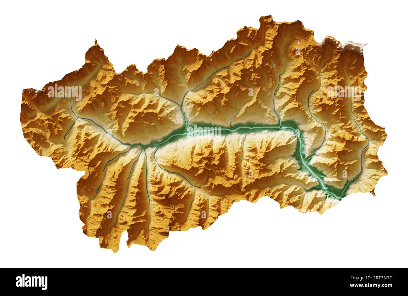 Valle d'Aosta. A region of Italy. Detailed 3D rendering of a shaded relief map, rivers, lakes. Colored by elevation. Pure white background. Stock Photo