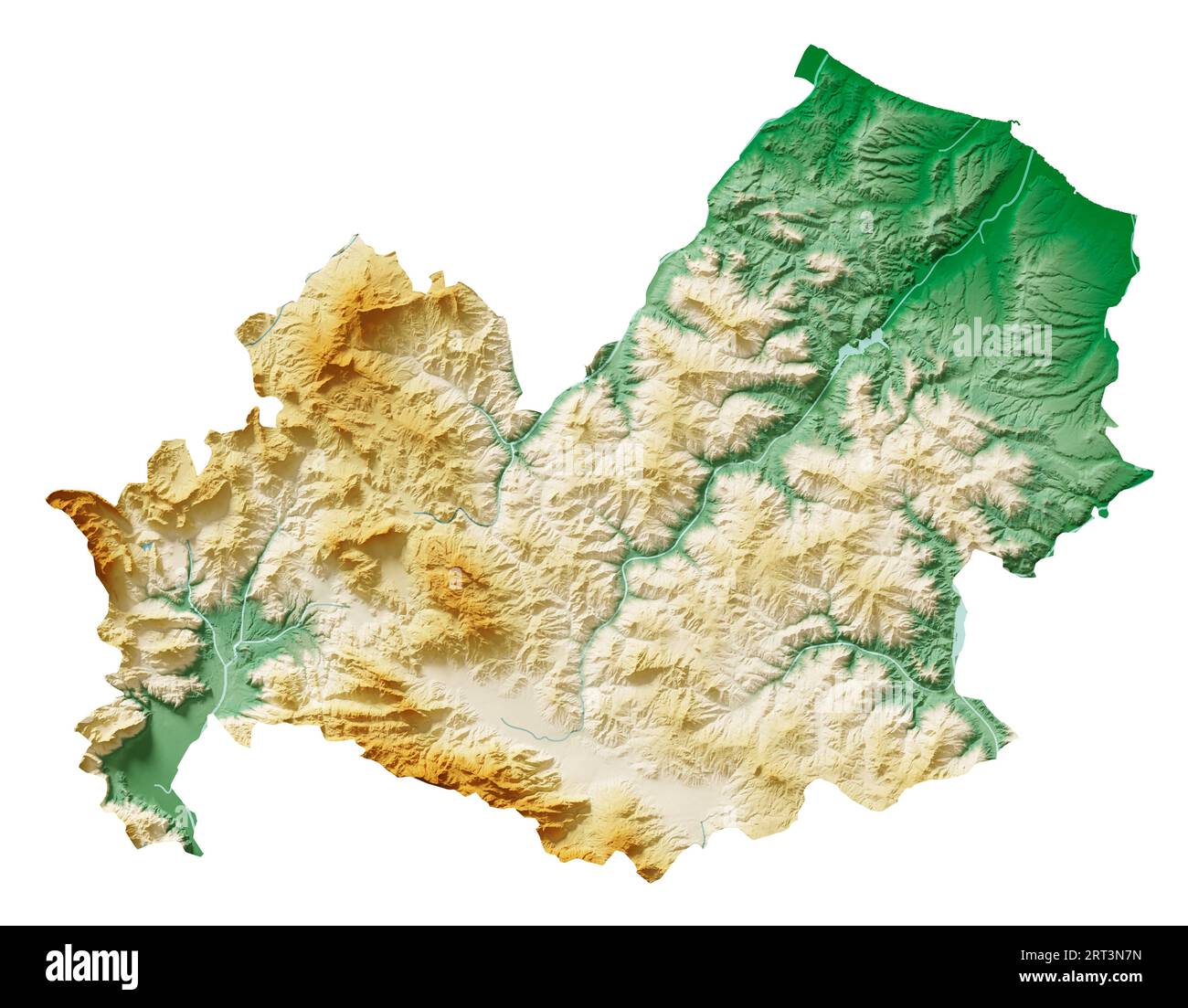 Molise. A region of Italy. Detailed 3D rendering of a shaded relief map, rivers, lakes. Colored by elevation. Pure white background. Stock Photo