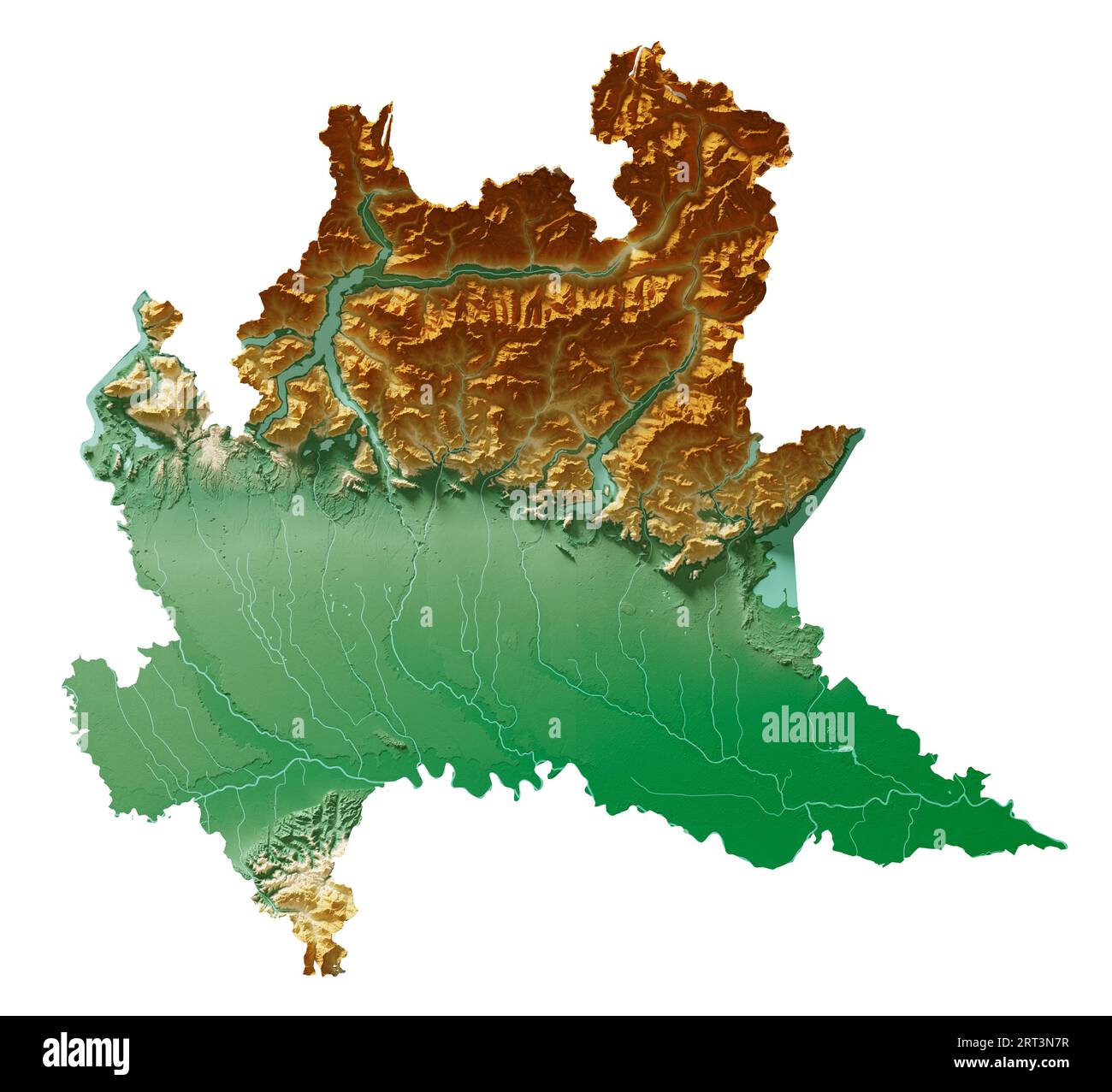 Lombardia (Lombardy). A region of Italy. Detailed 3D rendering of a shaded relief map, rivers, lakes. Colored by elevation. Pure white background. Stock Photo