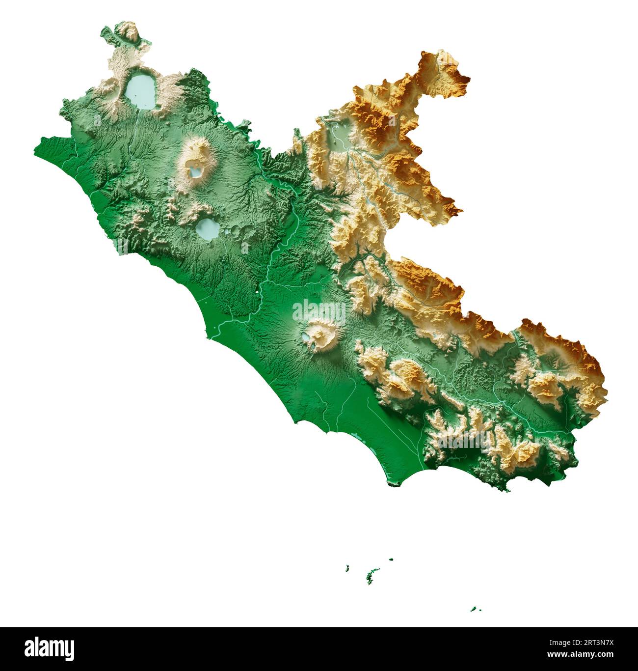 Lazio A Region Of Italy Detailed 3D Rendering Of A Shaded Relief Map Lazio A Region Of Italy Detailed 3d Rendering Of A Shaded Relief Map Rivers Lakes Colored By Elevation Pure White Background 2RT3N7X