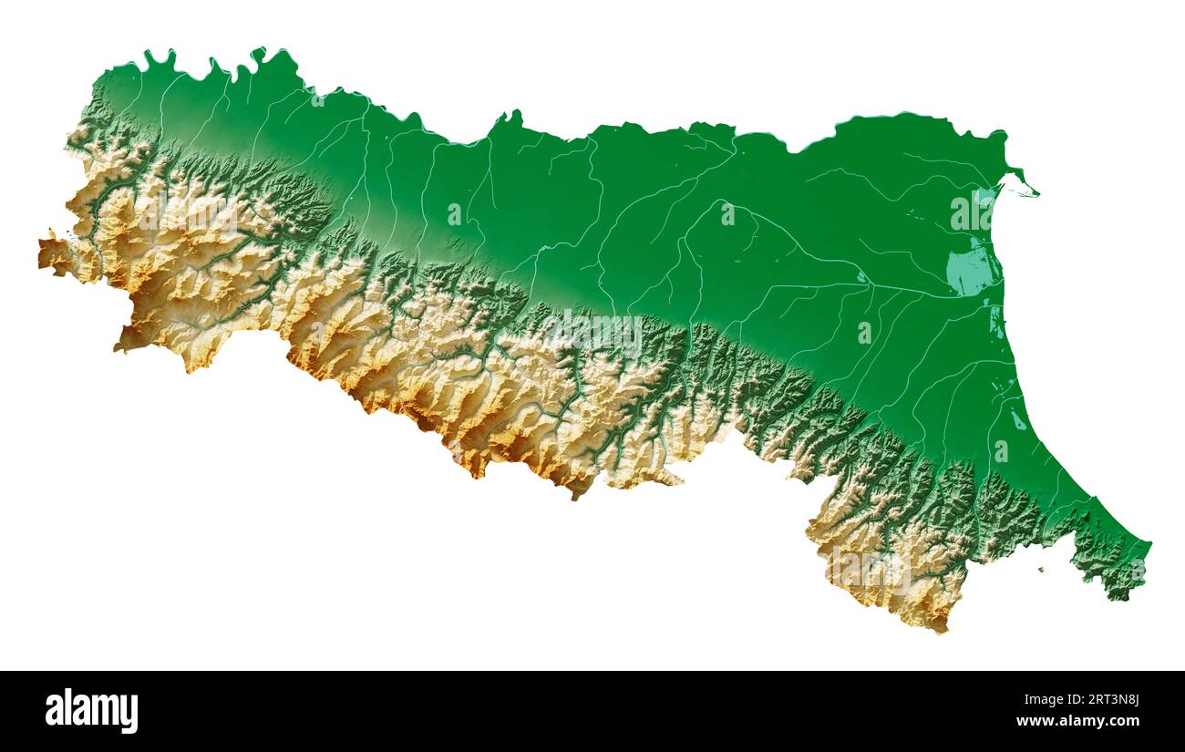 Emilia Romagna A Region Of Italy Detailed 3D Rendering Of A Shaded Emilia Romagna A Region Of Italy Detailed 3d Rendering Of A Shaded Relief Map Rivers Lakes Colored By Elevation Pure White Background 2RT3N8J