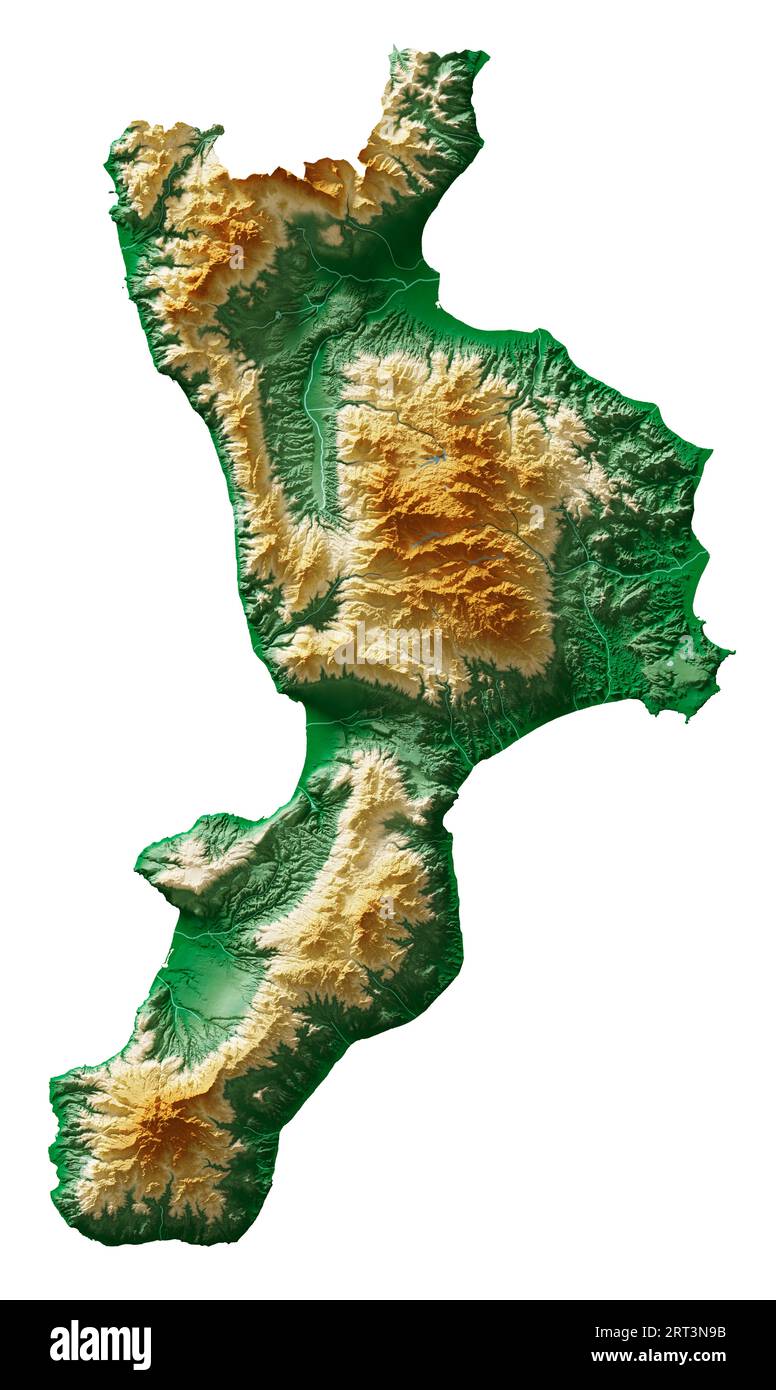 Calabria A Region Of Italy Detailed 3D Rendering Of A Shaded Relief Calabria A Region Of Italy Detailed 3d Rendering Of A Shaded Relief Map Rivers Lakes Colored By Elevation Pure White Background 2RT3N9B