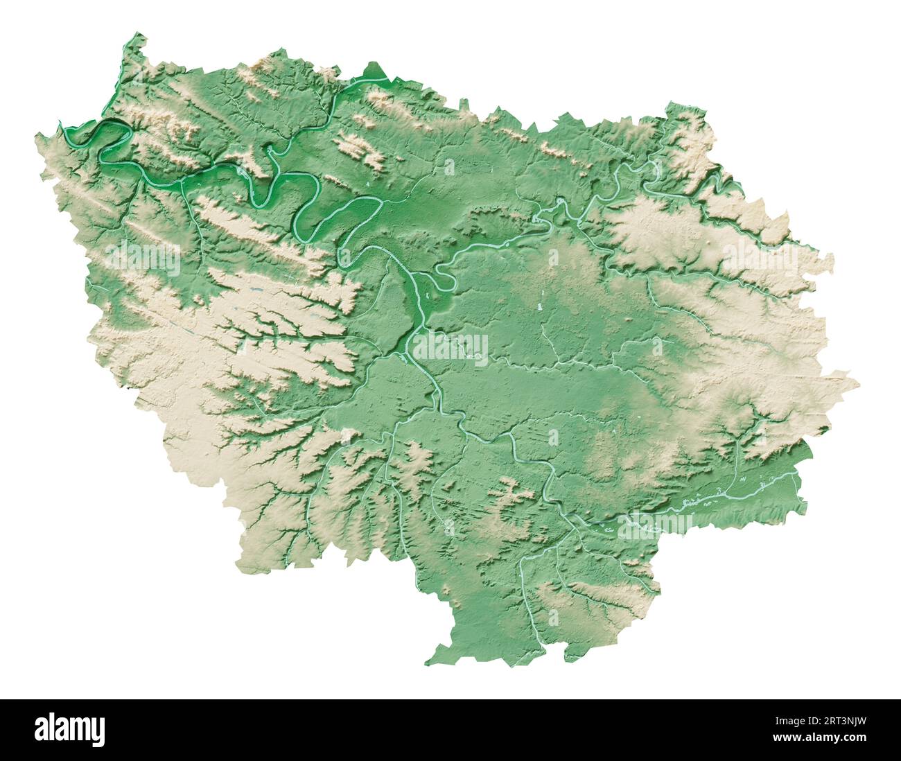 Île-de-France. A region of France. Detailed 3D rendering of a shaded relief map, rivers, lakes. Colored by elevation. Pure white background. Stock Photo