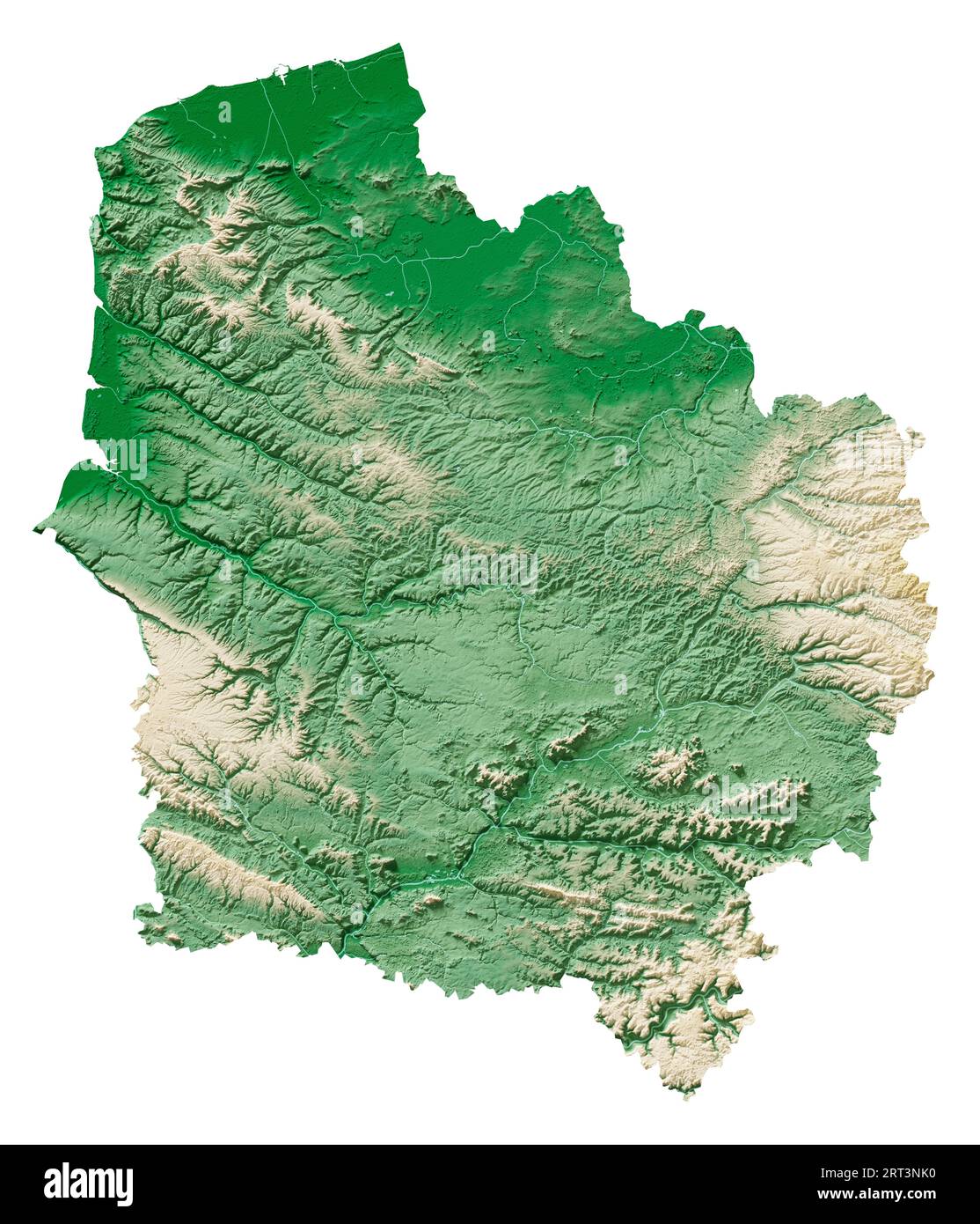 Hauts-de-France. A region of France. Detailed 3D rendering of a shaded relief map, rivers, lakes. Colored by elevation. Pure white background. Stock Photo