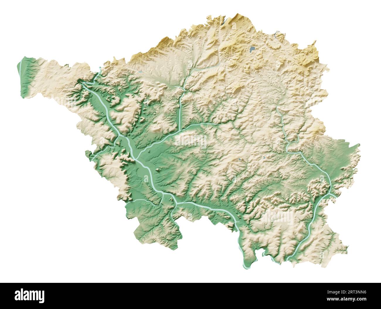 Saarland. German state (Land). A highly detailed 3D rendering of a shaded relief map, rivers, lakes. Colored by elevation. Pure white background. Stock Photo