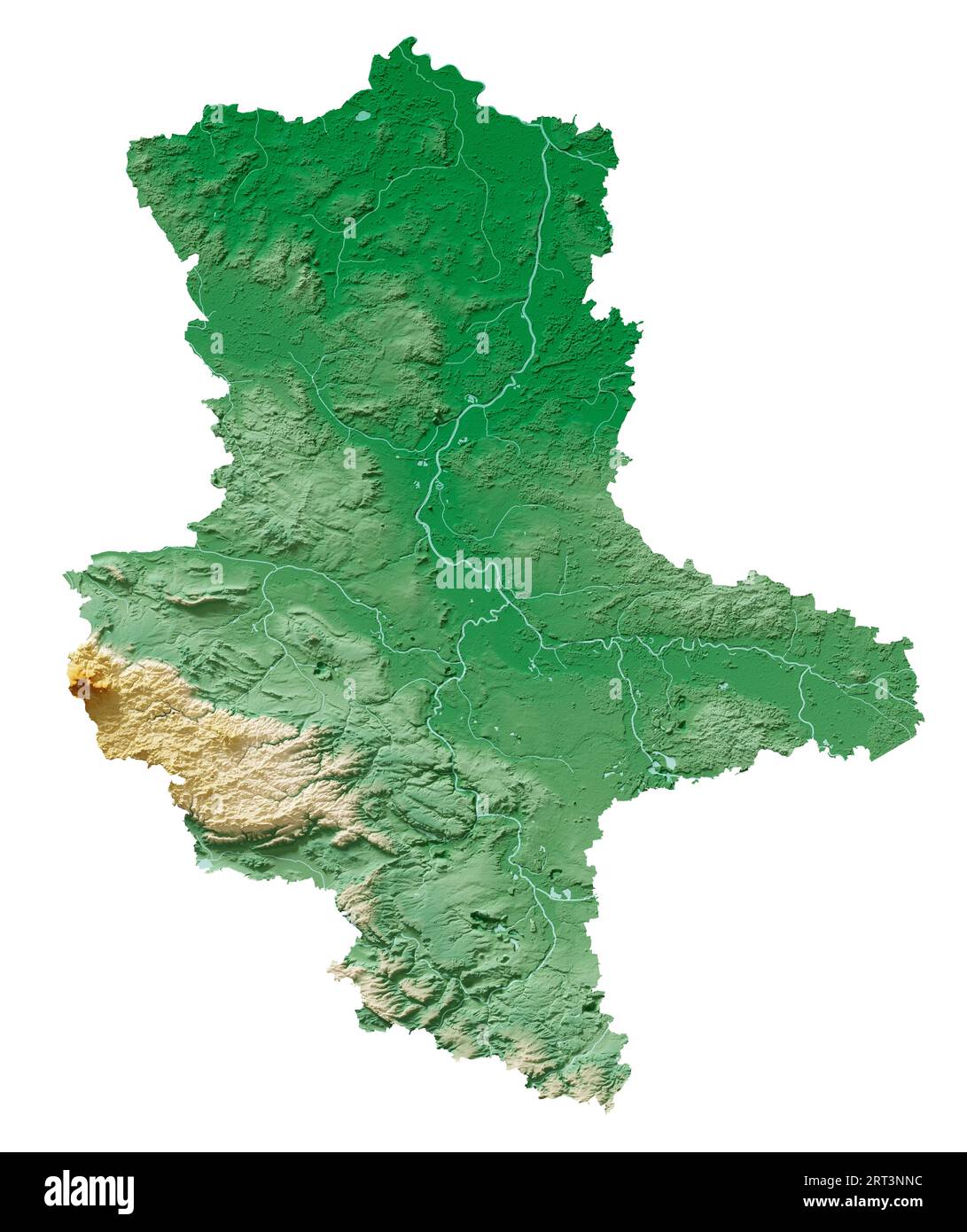 Sachsen-Anhalt. German state (Land). Detailed 3D rendering of a shaded relief map, rivers, lakes. Colored by elevation. Pure white background. Stock Photo
