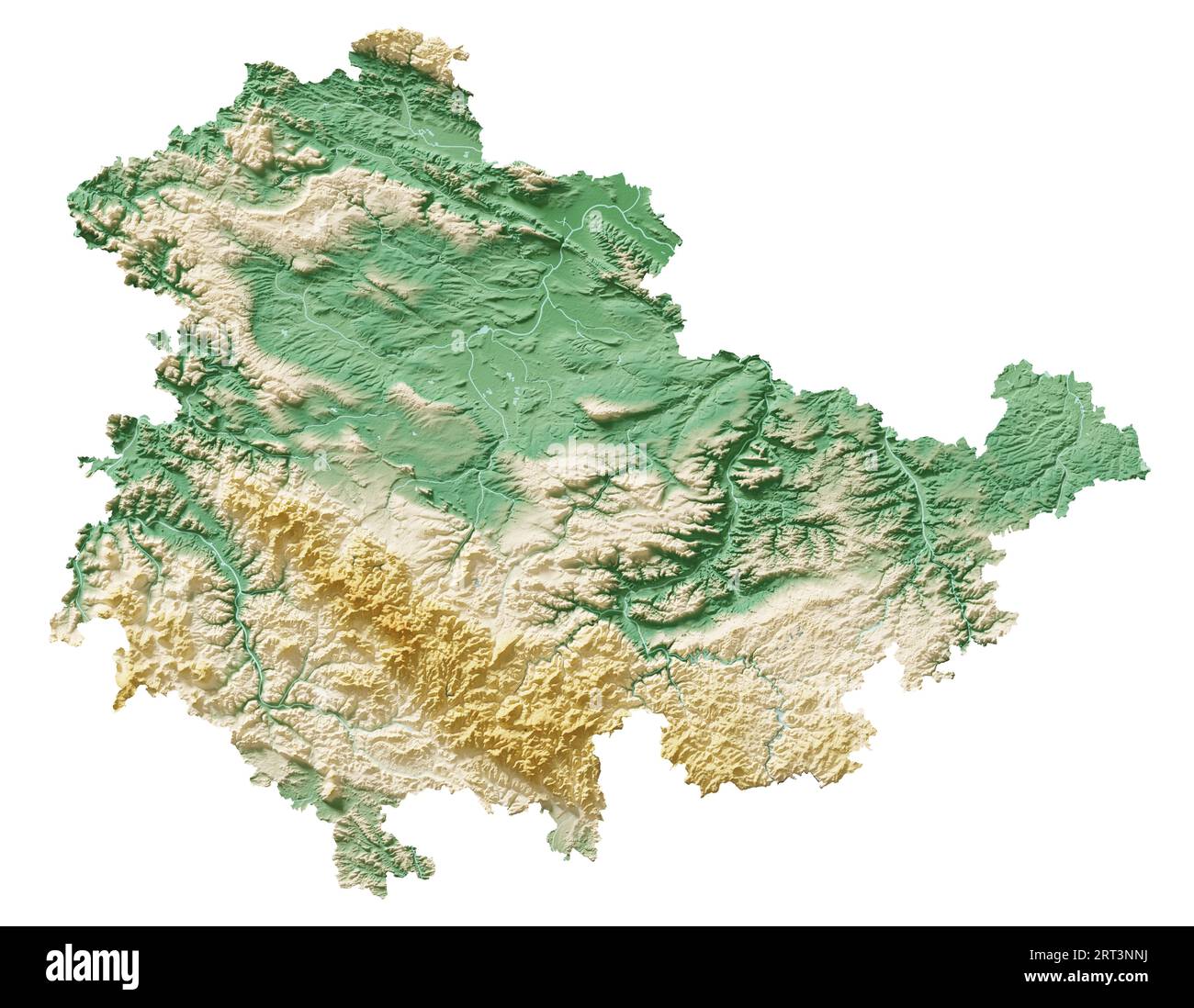Thüringen (Thuringia). German state (Land). Detailed 3D rendering of a shaded relief map, rivers, lakes. Colored by elevation. Pure white background. Stock Photo
