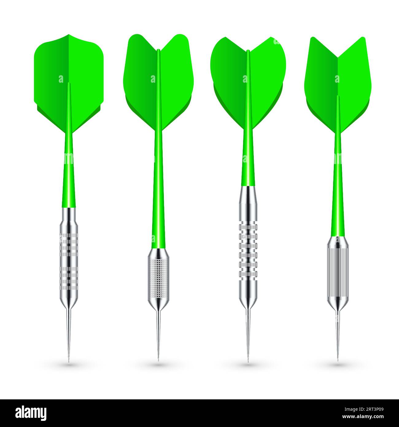 Green dart arrows with metal tip and shadow. Dart throwing sport game