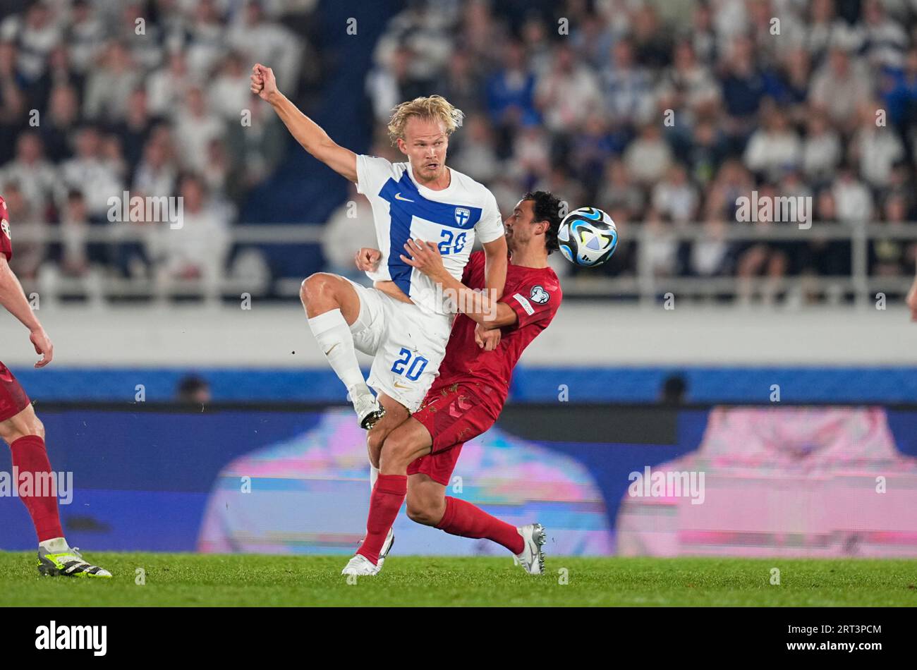 Helsinki, Finland. September 10 2023: Joel Pohjanpalo (Finland) and Thomas Delaney (Denmark) battle for the ball during a Group H EURO 2024 Qualification game, Finland versus Denmark, at Olympic stadium, Helsinki, Finland. Kim Price/CSM (Credit Image: © Kim Price/Cal Sport Media) Credit: Cal Sport Media/Alamy Live News Stock Photo