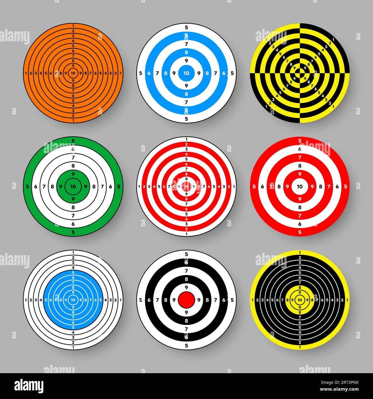 Shooting range paper targets. Round target with divisions, marks and numbers. Archery, gun shooting practise and training, sport competition and Stock Vector