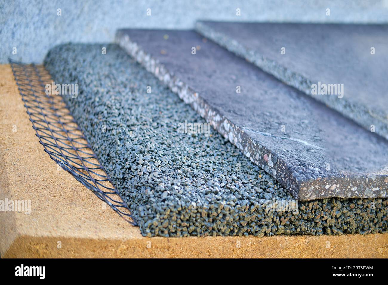 Layers of pavement when laying asphalt on the road and sidewalk. Sand, gravel and asphalt filled