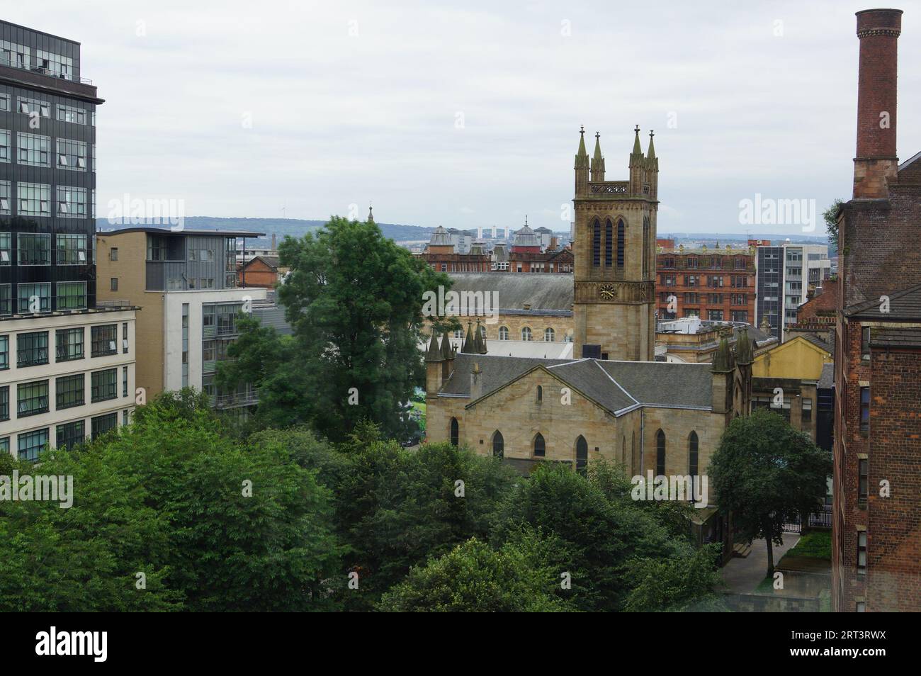 An aerial view of Glasgow city centre and the bell tower of the Ramshorn Kirk Stock Photo