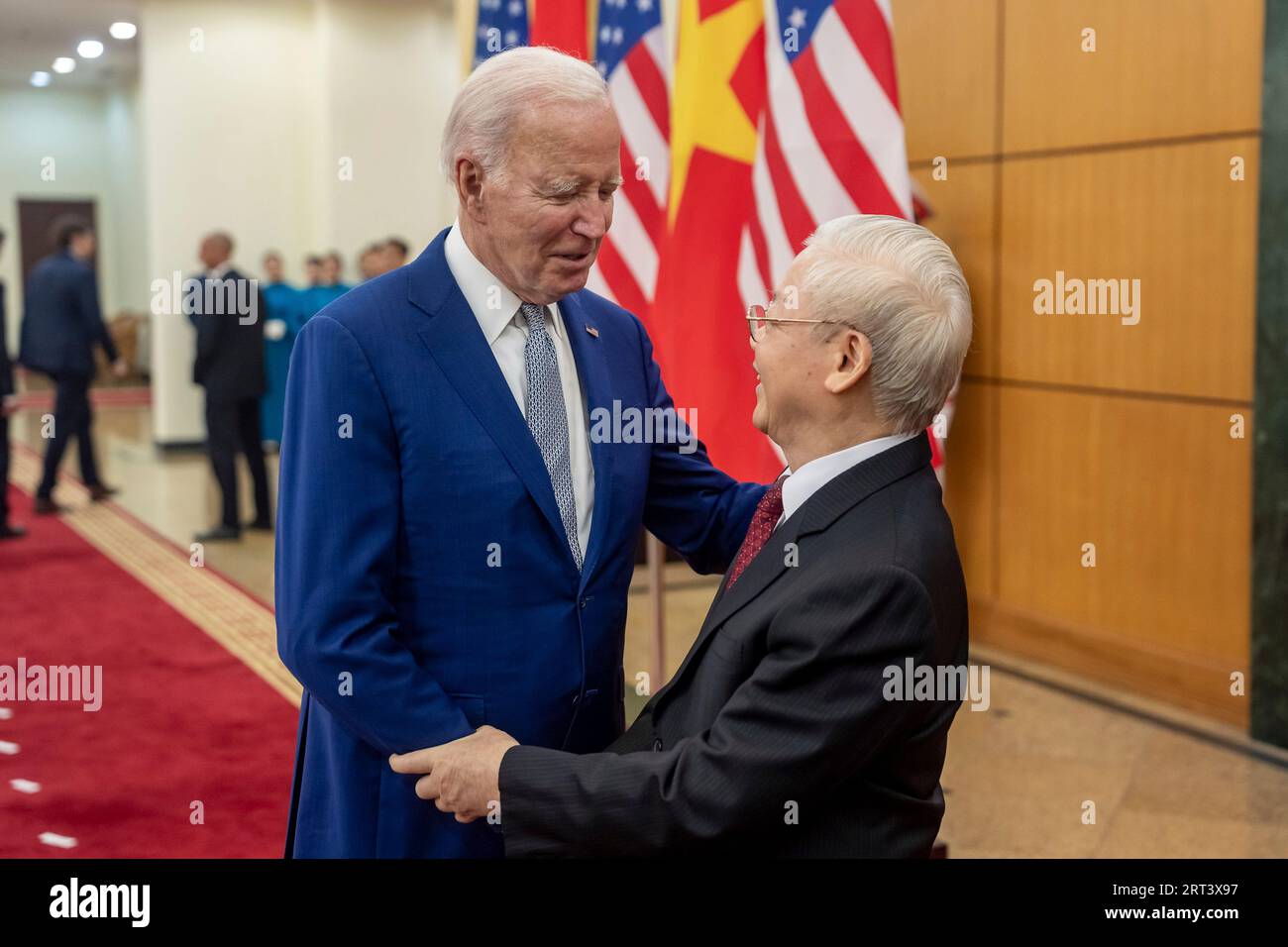Hanoi, Vietnam. 10th Sep, 2023. U.S. President Joe Biden, left, shakes hands with Vietnamese General Secretary of the Communist Party Nguyen Phu Trong, right, before bilateral discussions at the Presidential Palace, September 10, 2023 in Hanoi, Vietnam. Credit: Adam Schultz/White House Photo/Alamy Live News Stock Photo