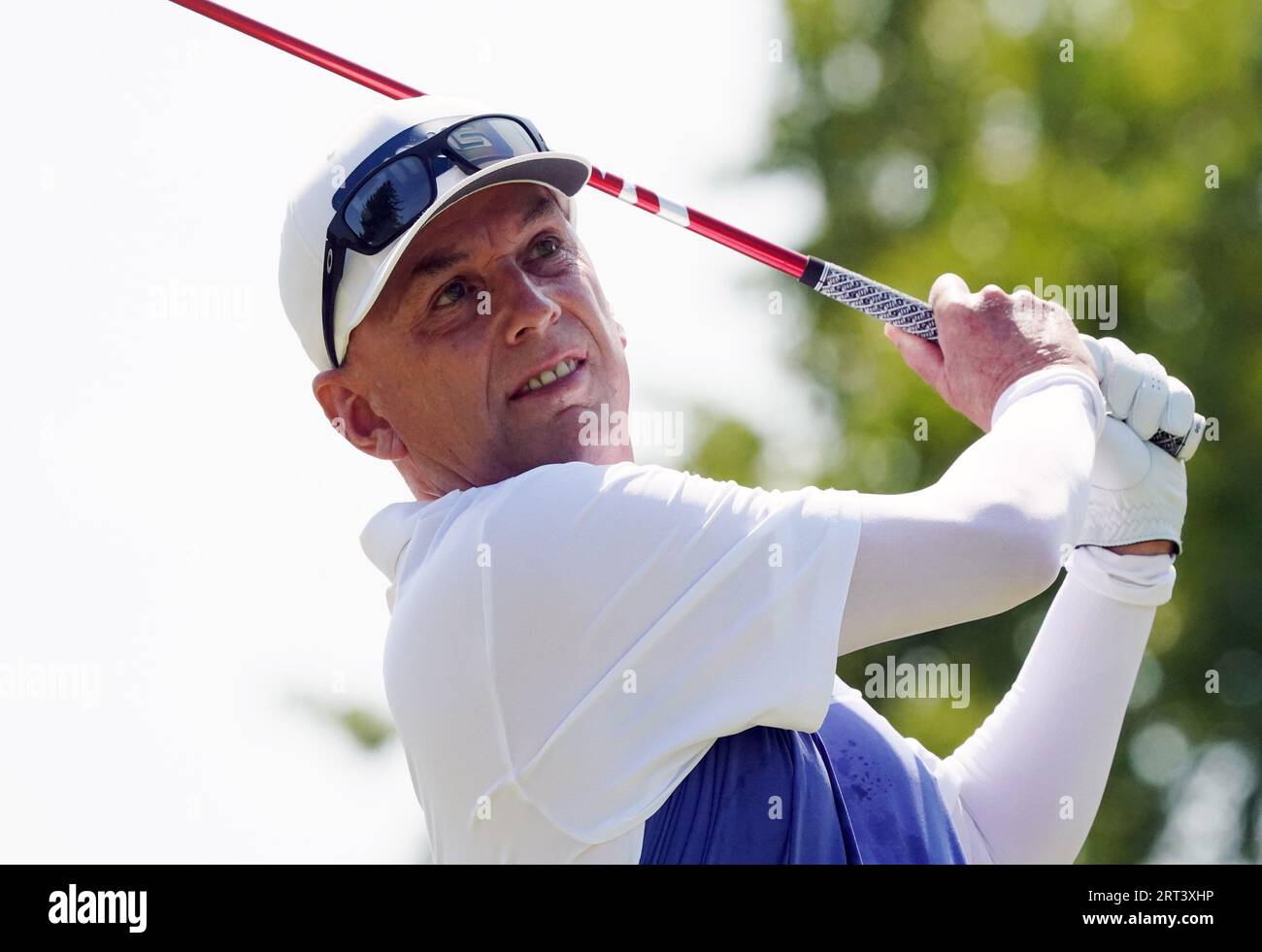 St. Louis, United States. 10th Sep, 2023. Golfer Kevin Sutherland takes his tee shot on the first hole during the Ascension Charity Classic Golf Tournament at Norwood Hills Country Club in St. Louis on Sunday, September 10, 2023. Sutherland is a co-leader on Day 3 with a 12 under par. Photo by Bill Greenblatt/UPI Credit: UPI/Alamy Live News Stock Photo