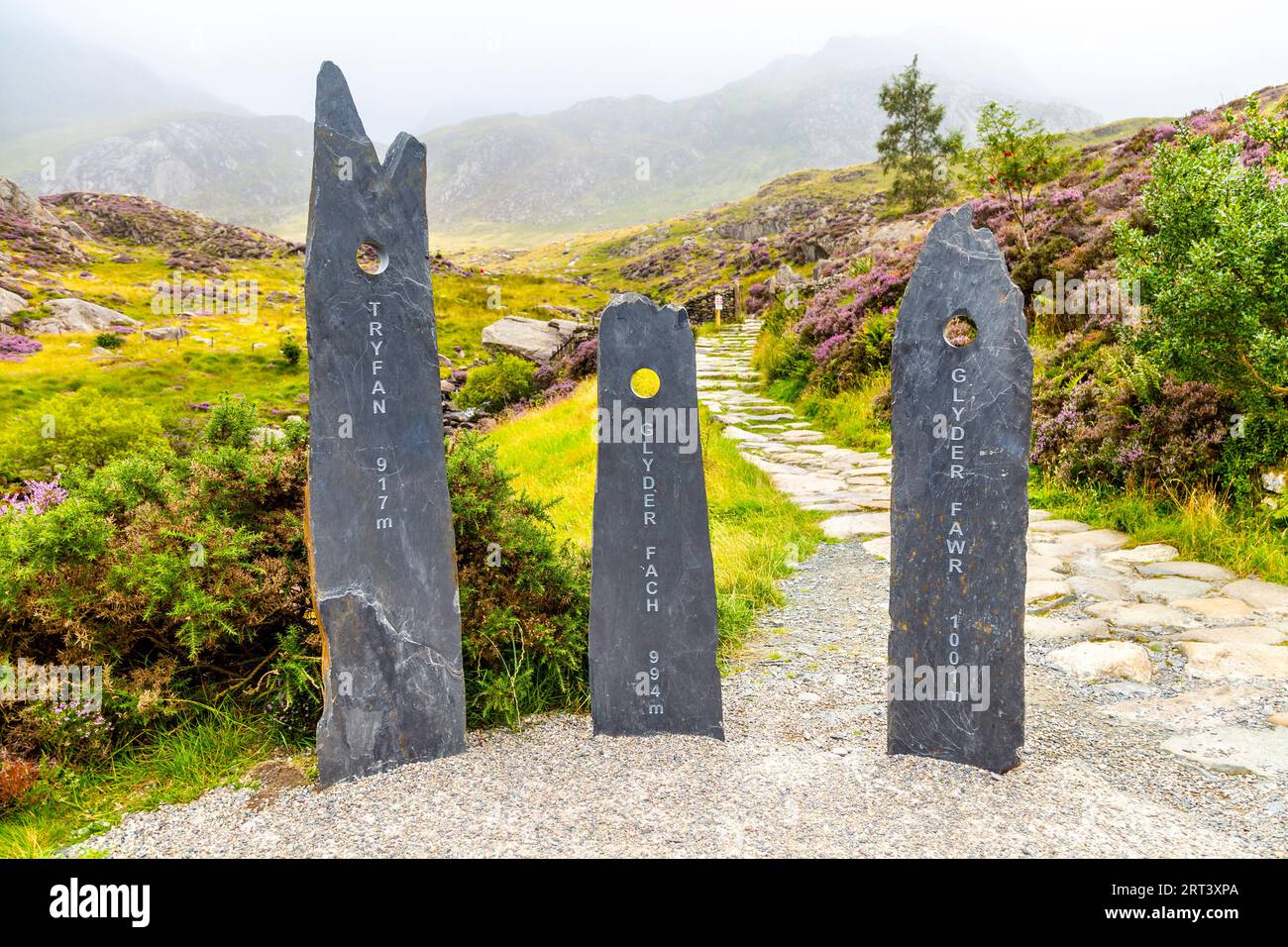 Markers for Tryfan, Glyder Fach and Glyder Fawr summits at Cwm Idwal Nature Reserve, Snowdonia, Wales, UK Stock Photo