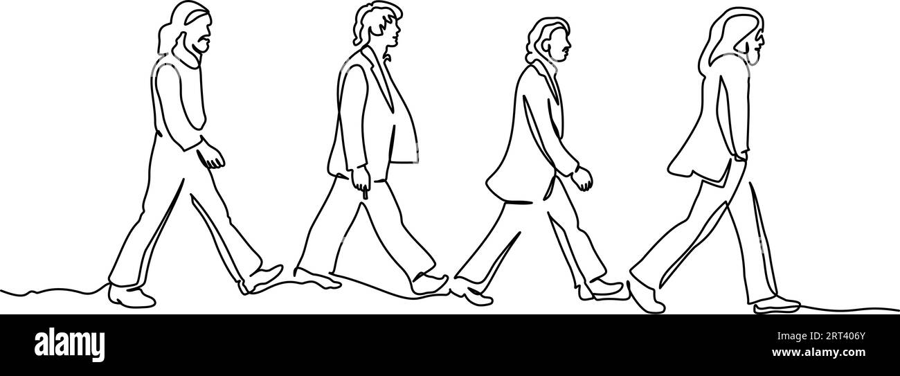 Men in full height walk one after another in wide strides. Continuous one line drawing. Vector illustration outline art . Stock Vector