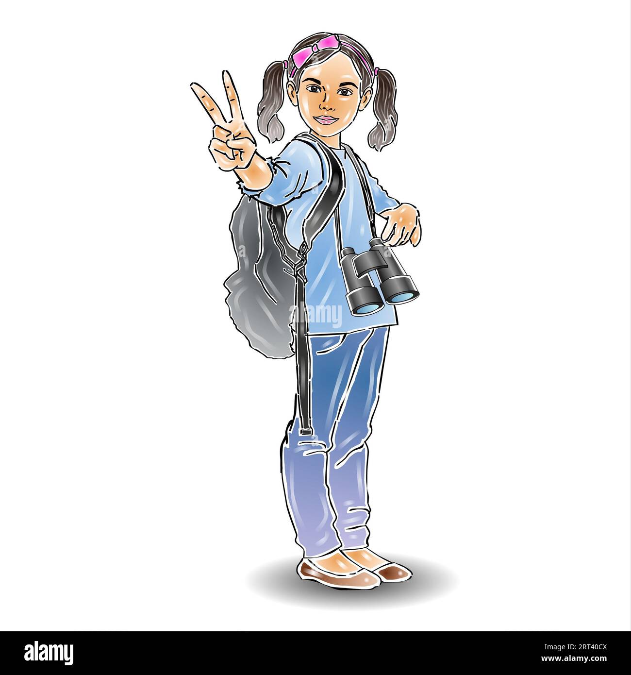 Girl tourist with a backpack and binoculars. Vector illustration. Stock Photo