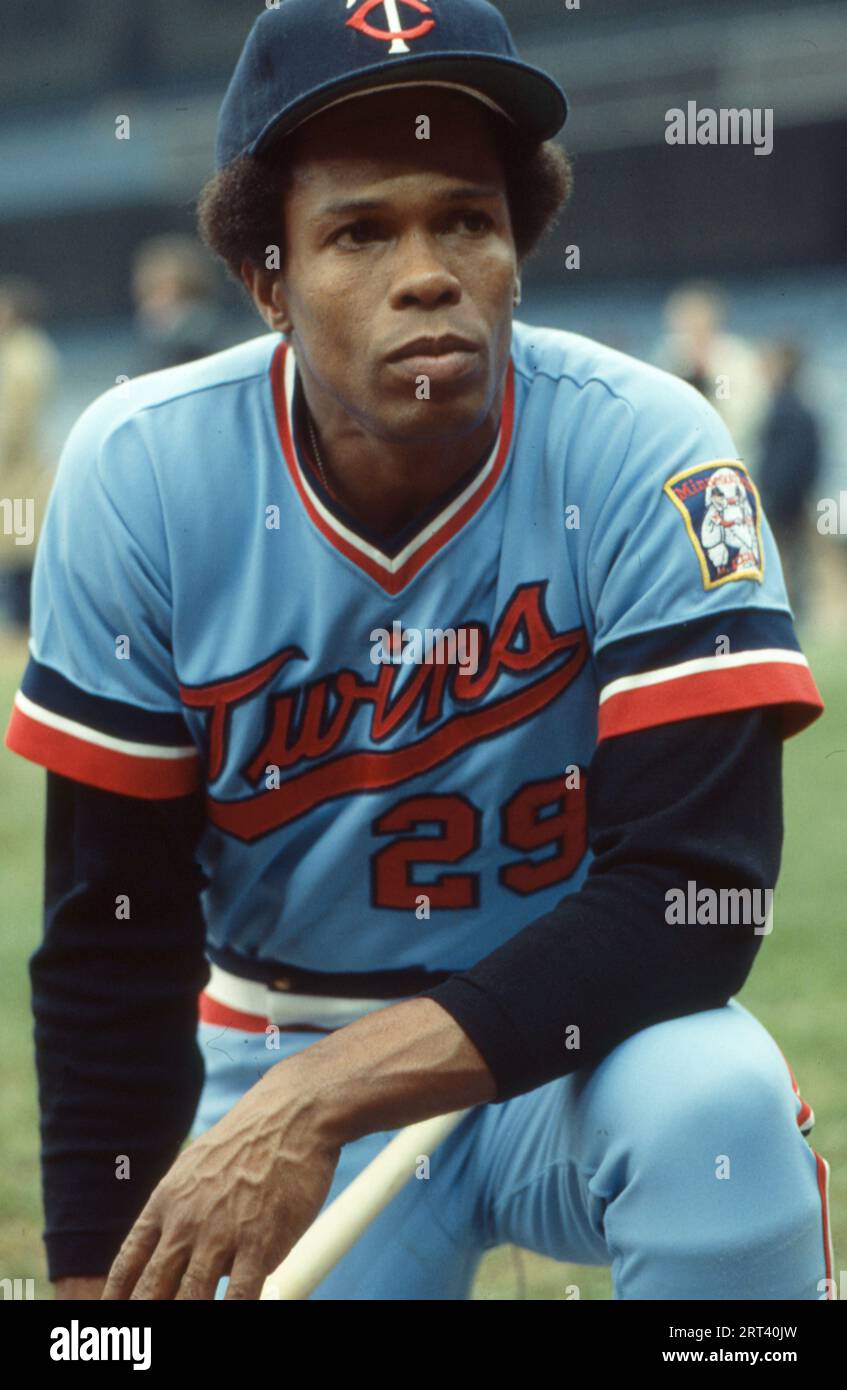Portrait of all star first baseman Rod Carew of the Minnesota Twins. At Yankee stadium in 1982 during batting practice. Stock Photo