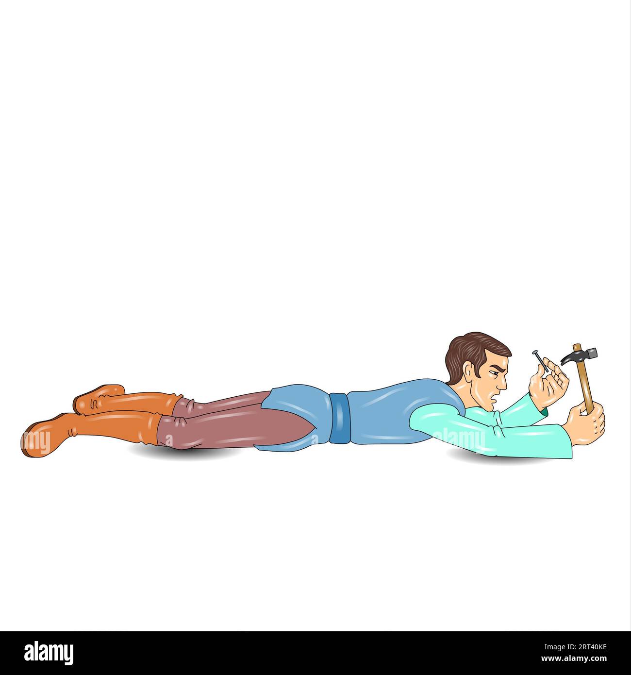 Vector illustration of a man lying on the floor with a hammer. Stock Photo