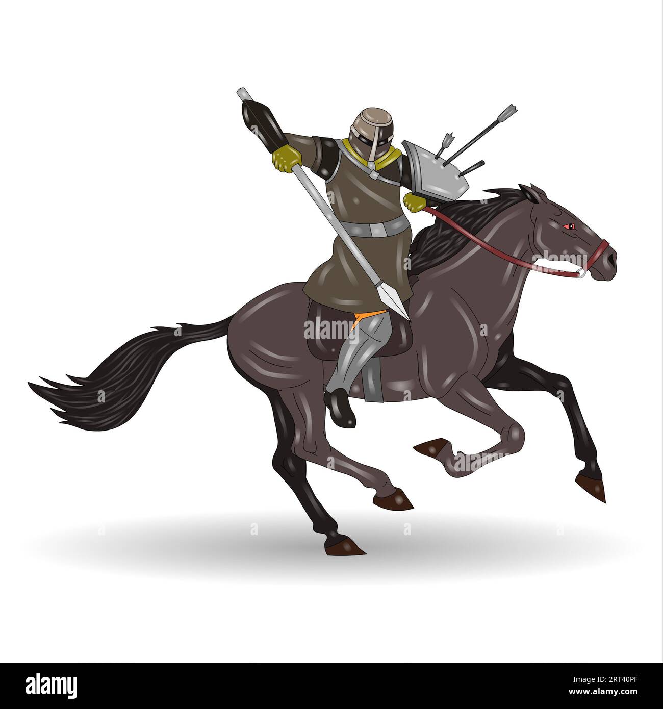 Knight on horseback with sword in his hand. Vector illustration. Stock Photo