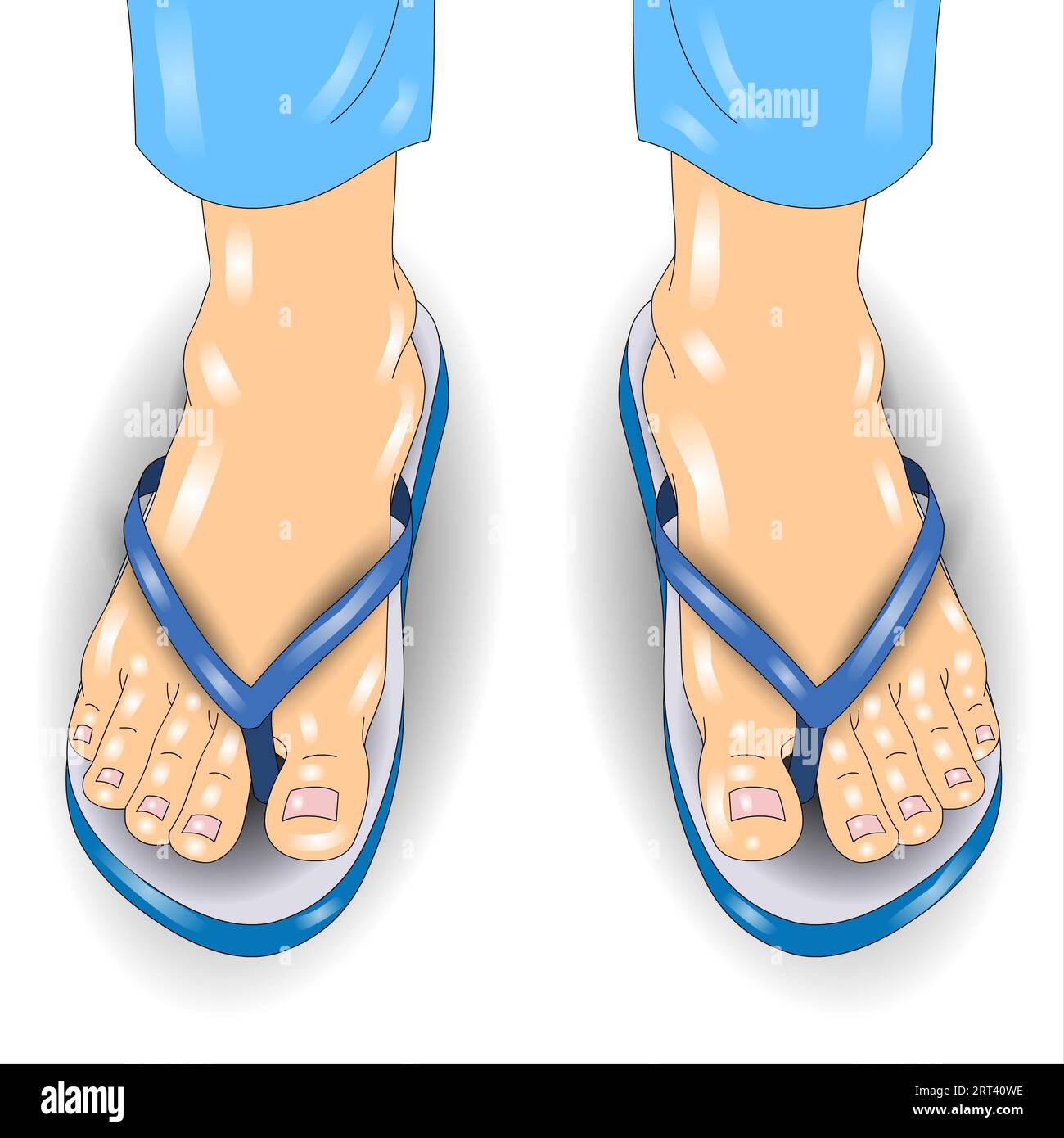 Male feet in blue sandals on a white background. Vector illustration Stock Photo