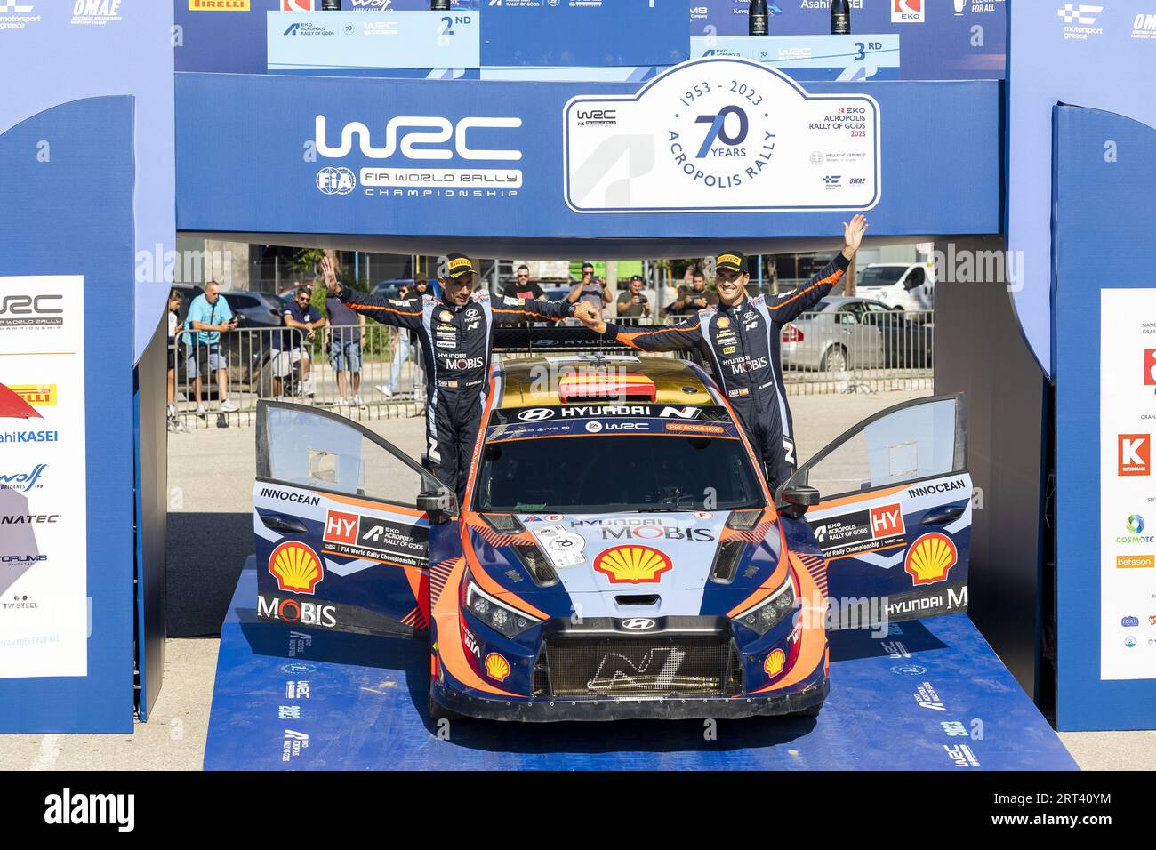 SORDO Dani (ESP), HYUNDAI i20 N Rally1 Hybrid, portrait, CARRERA Candido (ESP), HYUNDAI i20 N Rally1 Hybrid, portrait, podium, portrait during the Acropolis Rally Greece 2023, 10th round of the 2023 WRC World Rally Car Championship, from September 7 to 10, 2023 in Lamia, Greece Stock Photo