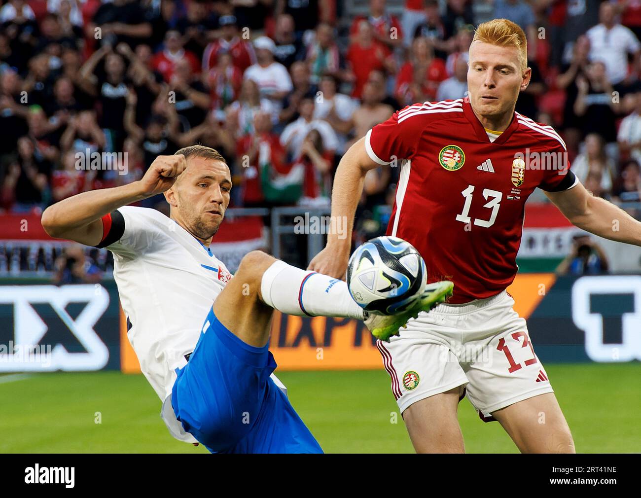 Budapest, Hungary. 10th September, 2023. Tomas Soucek of Czech Republic fights for the possession with Zsolt Kalmar of Hungary during the International Friendly match between Hungary and Czech Republic at Puskas Arena on September 10, 2023 in Budapest, Hungary. Credit: Laszlo Szirtesi/Alamy Live News Stock Photo