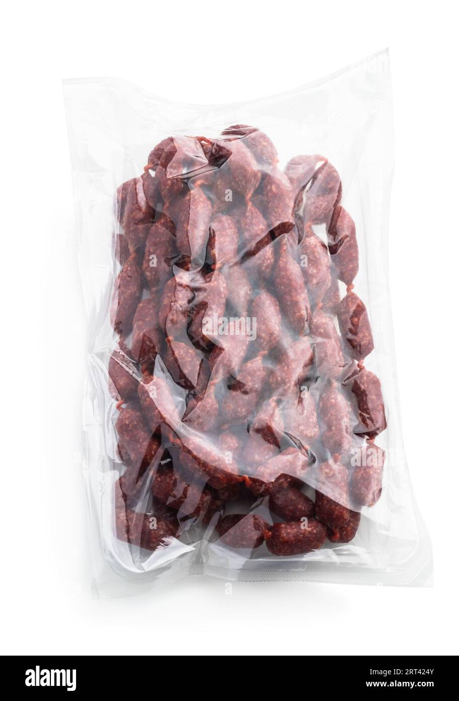 Mini  salami sausagesin plastic pack isolated on white Stock Photo