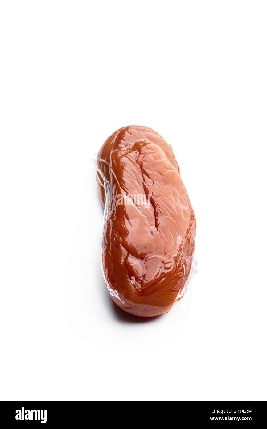 Dried  chicken breast in vacuum pack isolated on white Stock Photo
