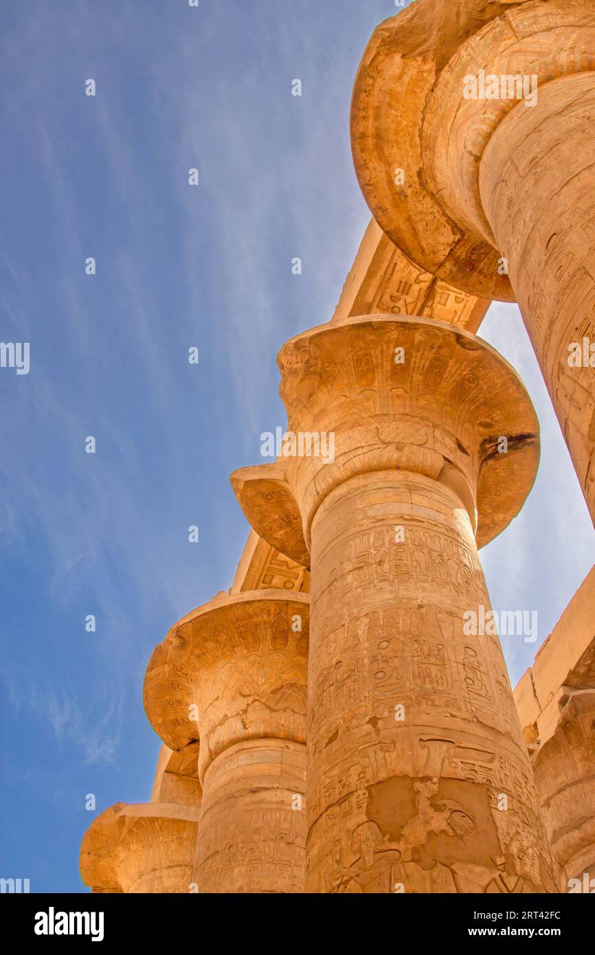 Ancient columns with beautiful carvings. Karnak Temple. The Great Hypostyle Hall, Luxor, Egypt