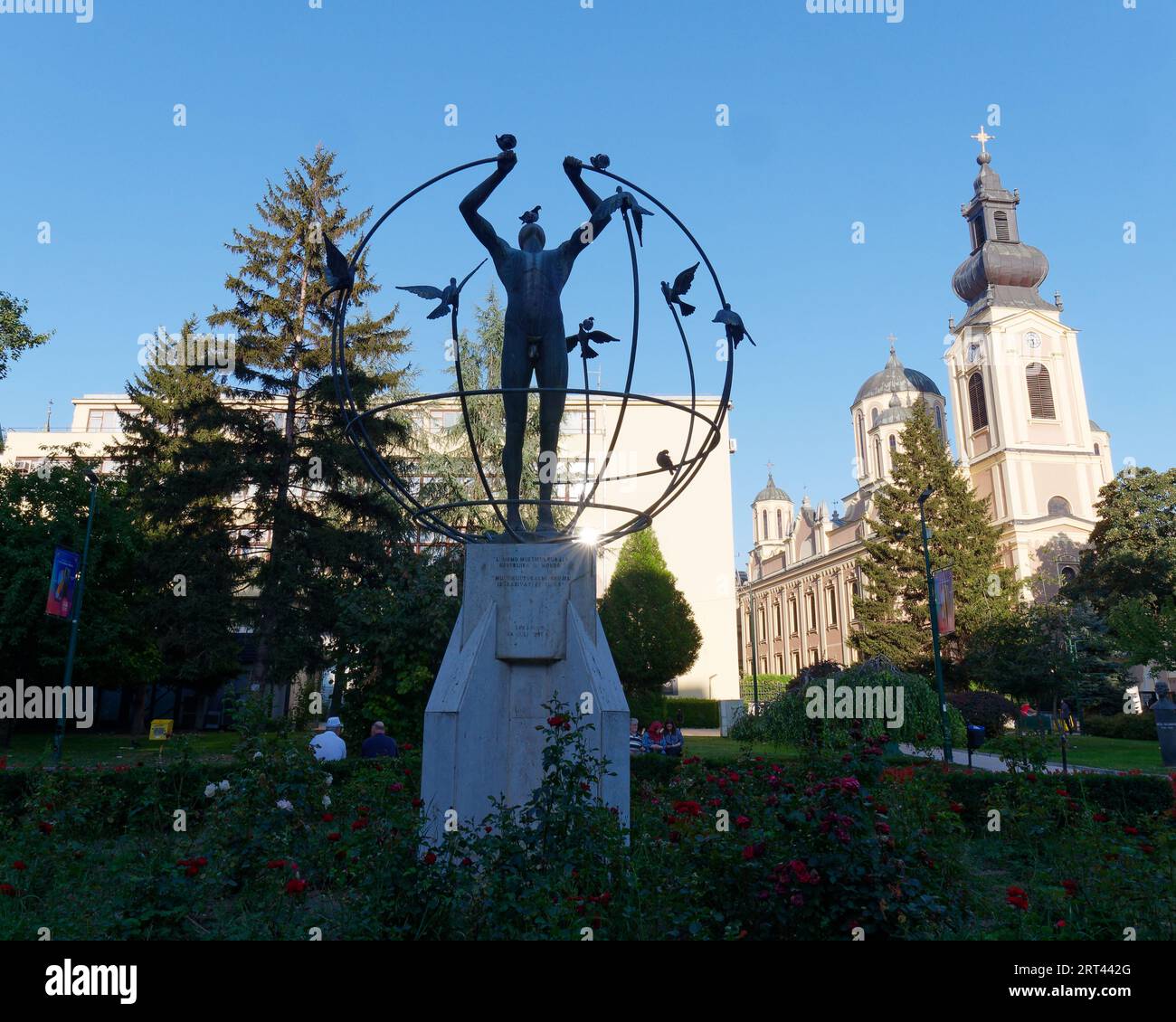 Liberation Square & Monument to the Multiethnic Human with cathedral church of the Nativity of the Theotokos, Sarajevo, September 10,2023. Stock Photo