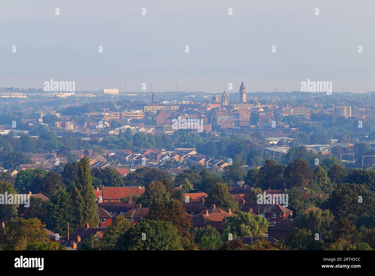 A view of Wakefield City on a misty morning, as seen from nearby Sandal Castle. Stock Photo