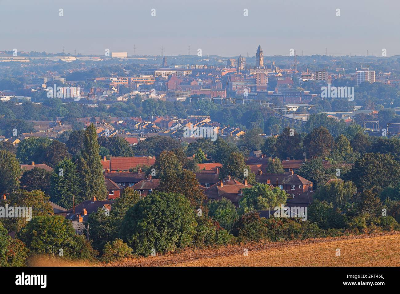 A view of Wakefield City on a misty morning, as seen from nearby Sandal Castle. Stock Photo