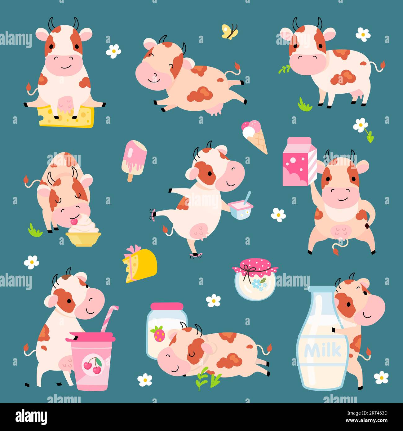 Dairy products. Cow hugs milk bottle, milkshake and yogurt, cheese and