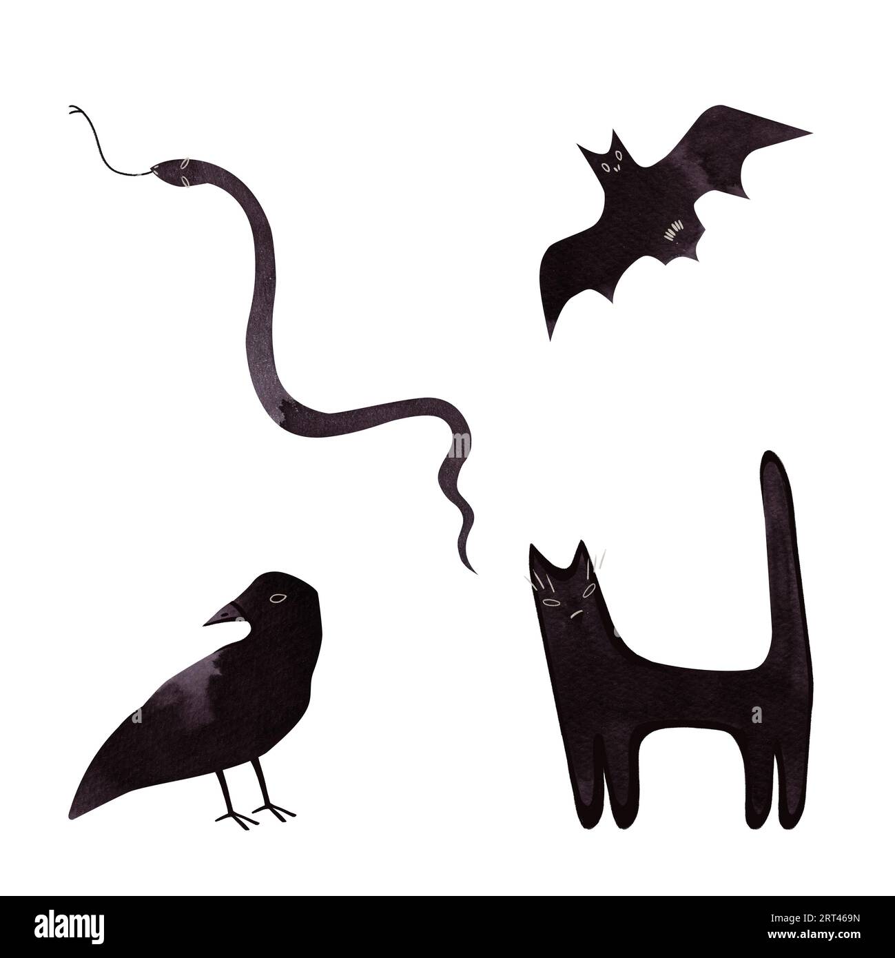 Set of witch animals: cat, bat, snake, raven. Ink and watercolor black