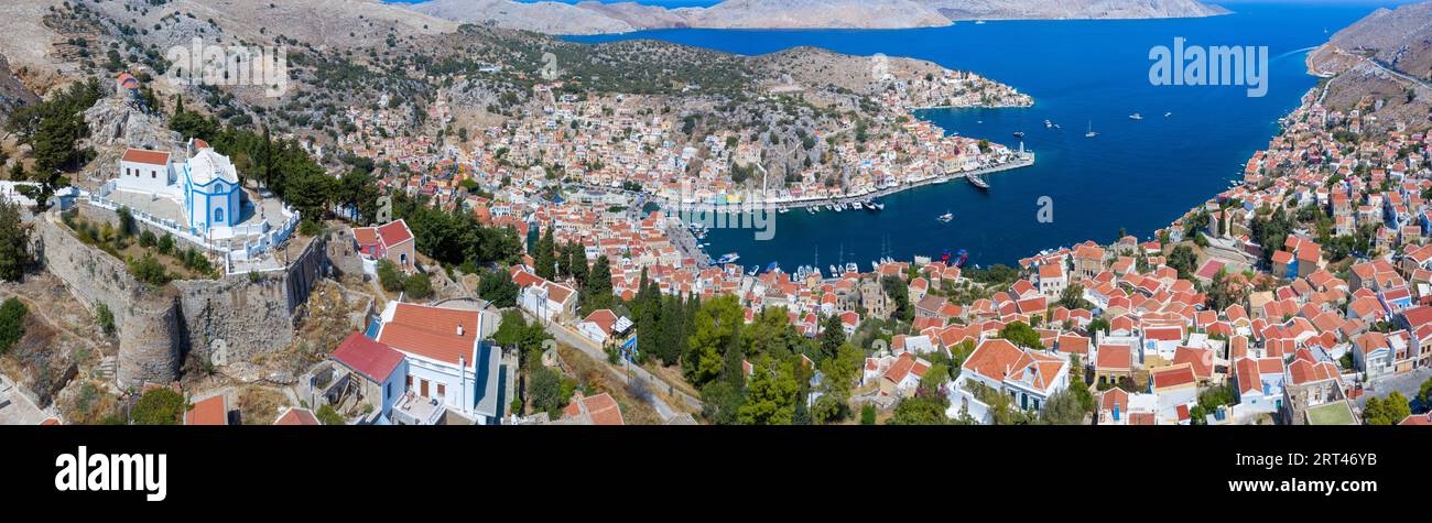 Colorful houses village in Symi island, Dodecanese islands, Greece. Stock Photo