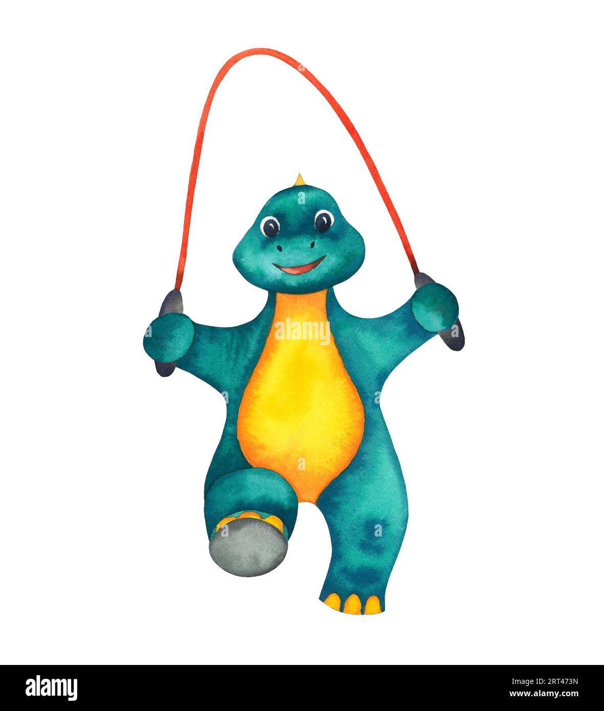 Cute Baby blue green and yellow watercolour sport Dinosaur jumping with ...