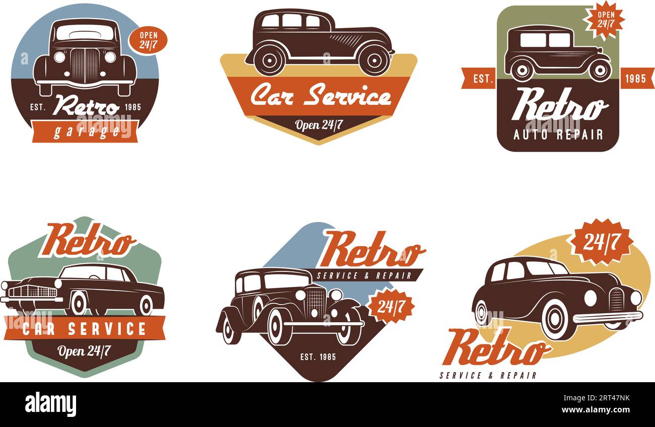 Car repair badges. Classic labels auto wash and repair recent vector