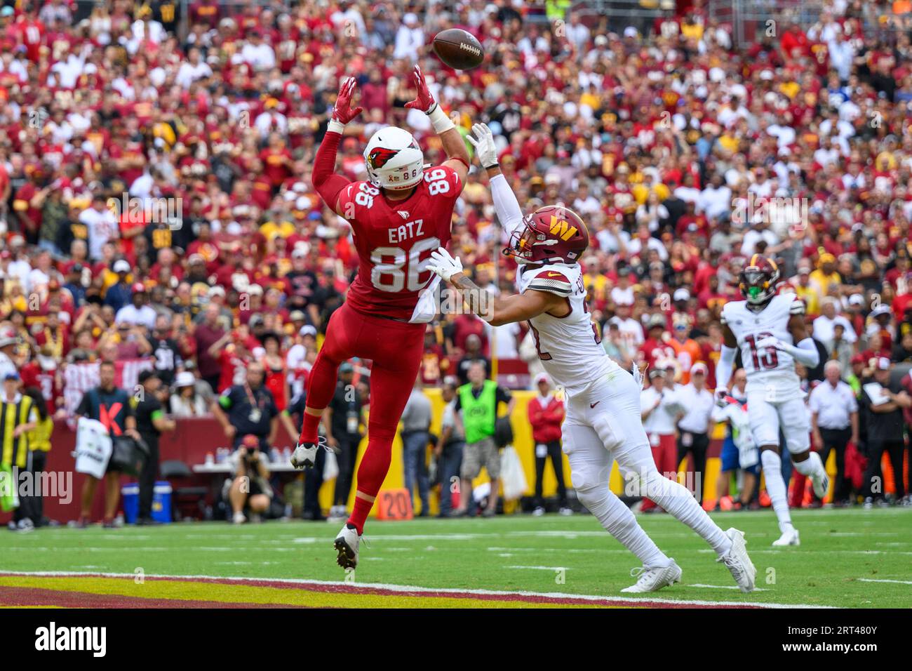 Landover, MD, USA. 10th Sep, 2023. Washington Commanders safety Darrick Forrest (22) defends a pass to Arizona Cardinals tight end Zach Ertz (86) during the NFL game between the Arizona Cardinals and the Washington Commanders in Landover, MD. Reggie Hildred/CSM/Alamy Live News Stock Photo