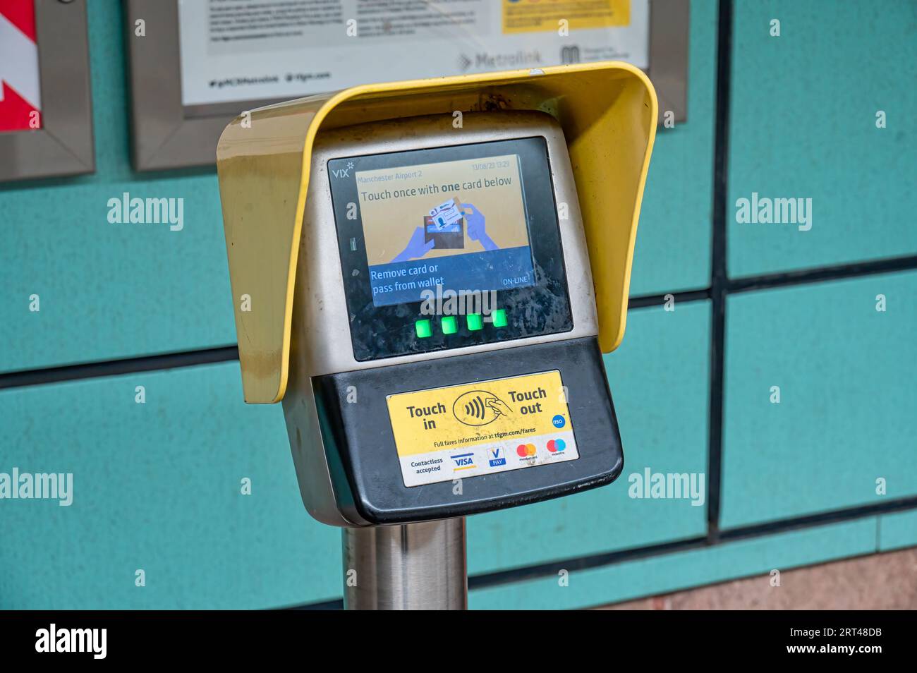 MANCHESTER, UK - AUGUST 27, 2023: Manchester Metrolink ticket validator