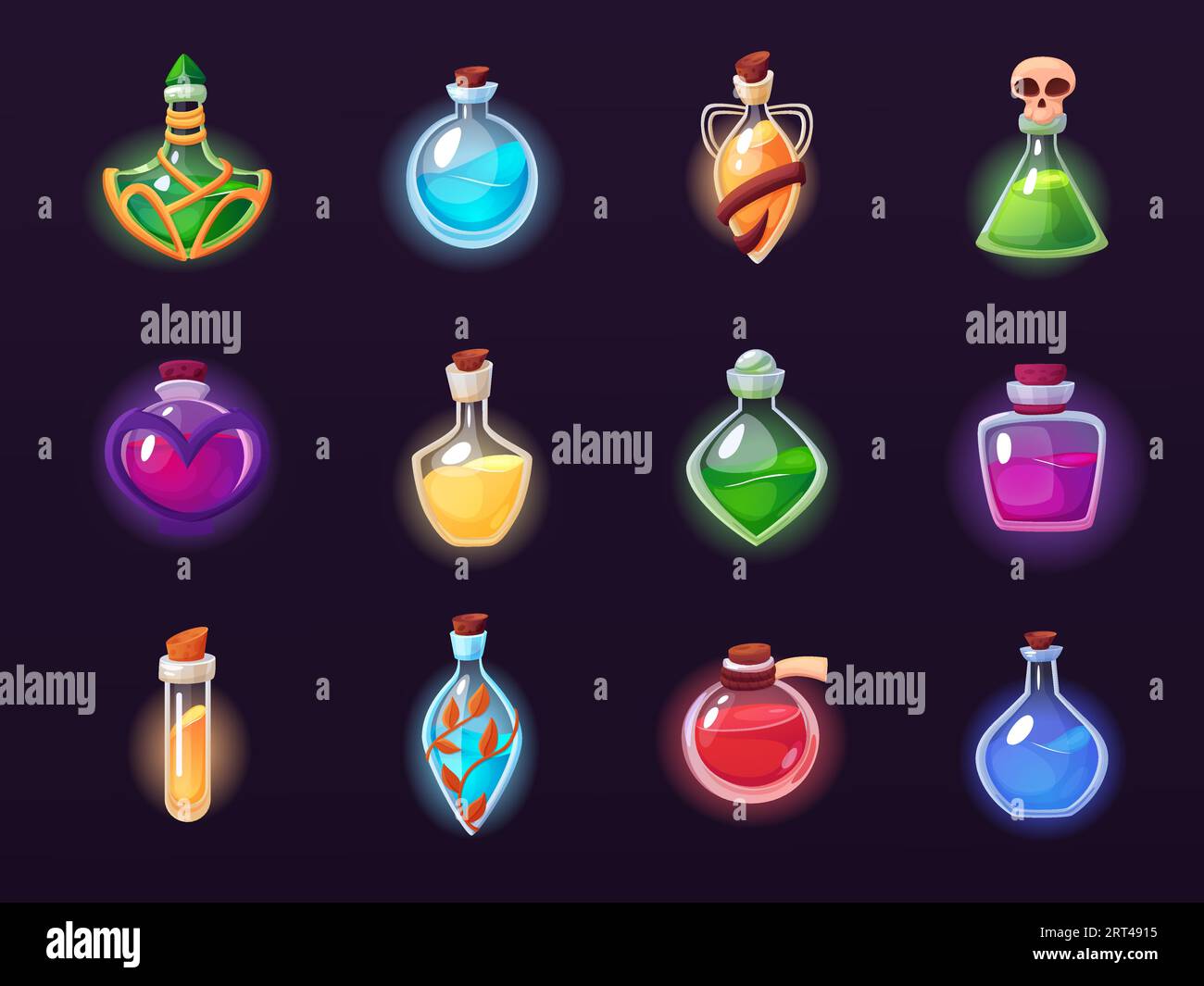 Witch potion bottles, game wizard potions. Chemistry magical bottle