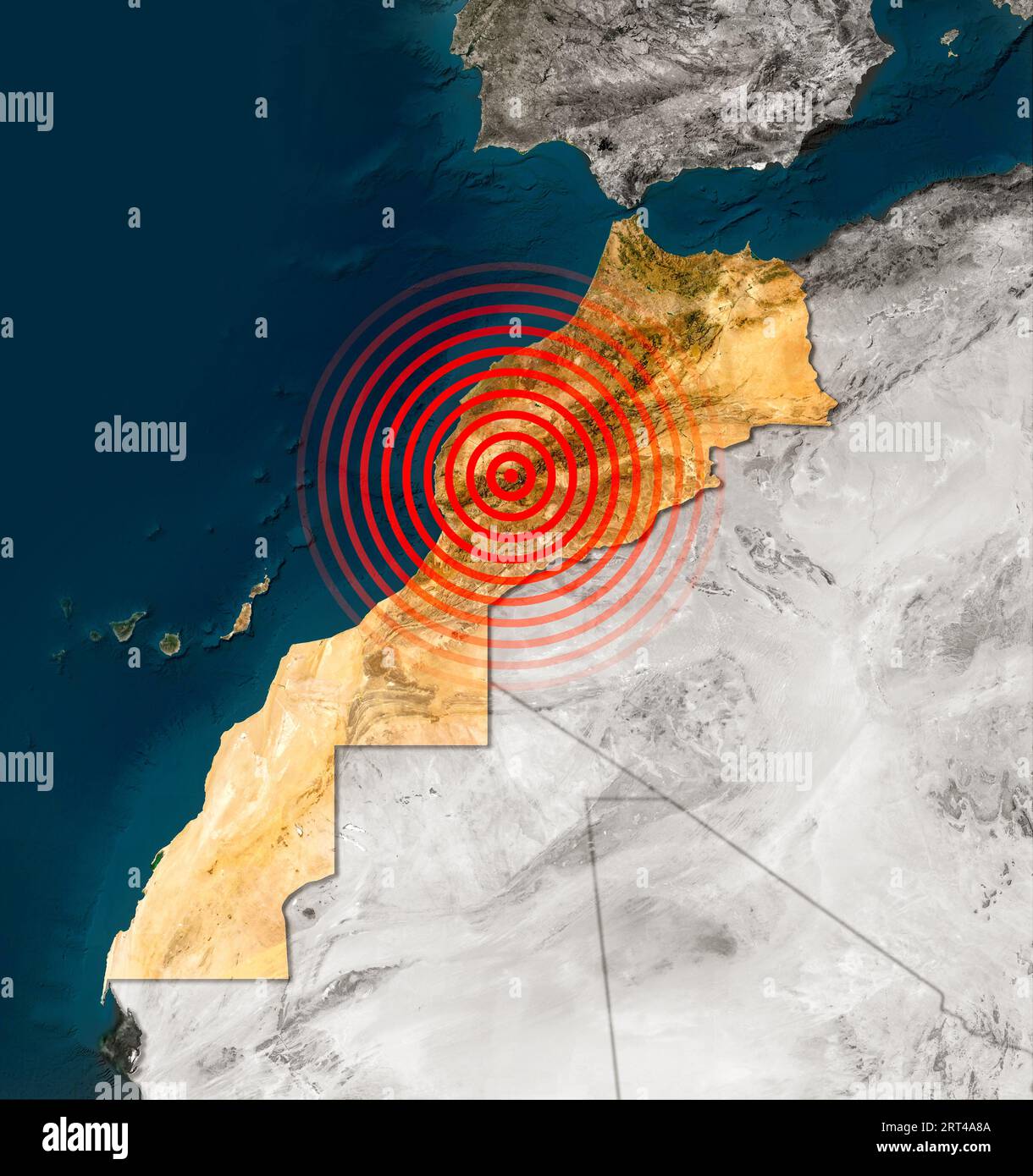 Earthquake map in Morocco, Atlas Mountains, shake, elements of this image are furnished by NASA. Land struck by a strong earthquake magnitude. 3d Stock Photo