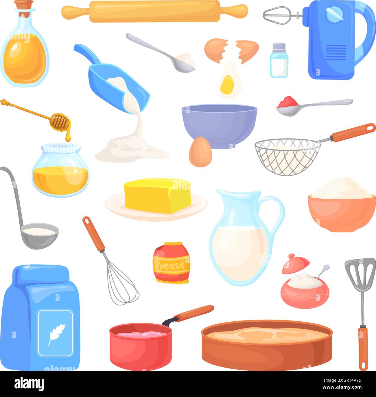 Cartoon baking supplies. Bakery ingredients and kitchen