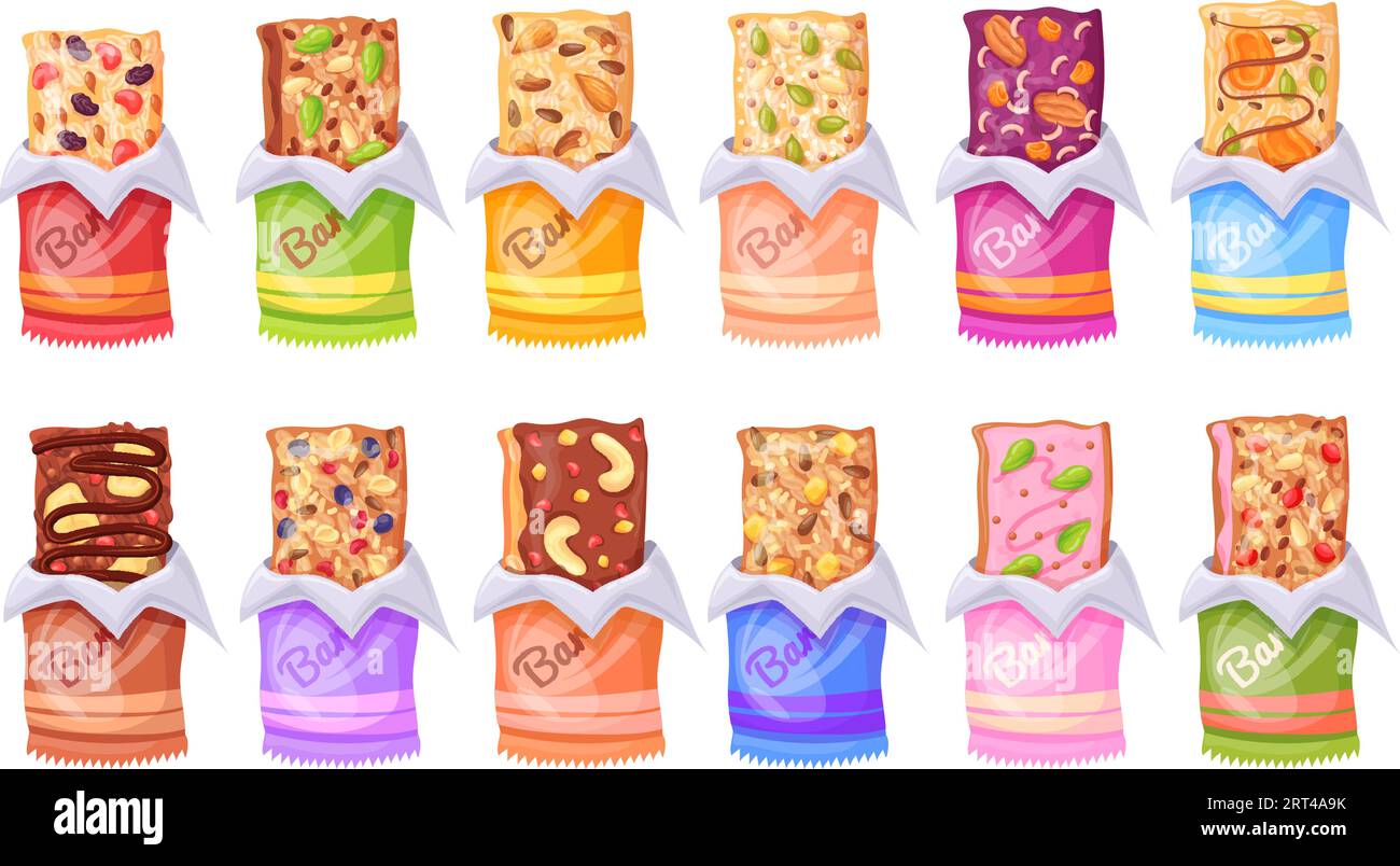 Granola bars. Cereal bar slow carbohydrates, muesli protein sport snacks with nuts oats cereal in package sugar fruit dessert natural nutrition cookie, neat vector illustration of unwrapped granola Stock Vector