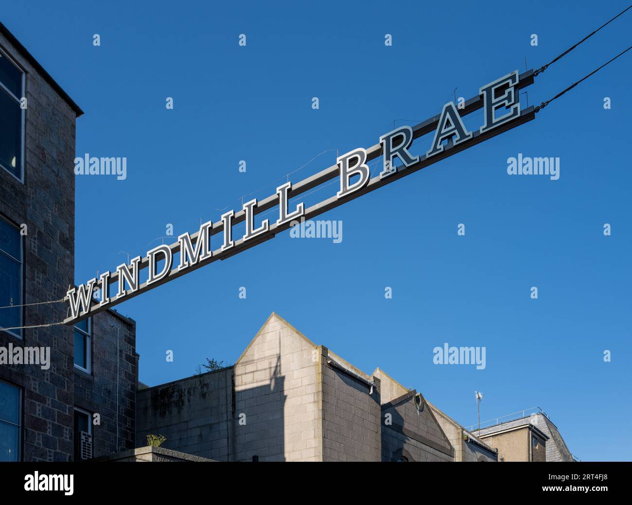 1 September 2023. Aberdeen,Aberdeen City,Scotland. This is the sign for Windmill Brae in the City Centre of Aberdeen on a very blue sky sunny afternoo Stock Photo