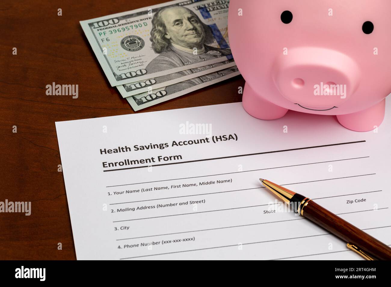 Health savings account, HSA, form with piggy bank and cash money