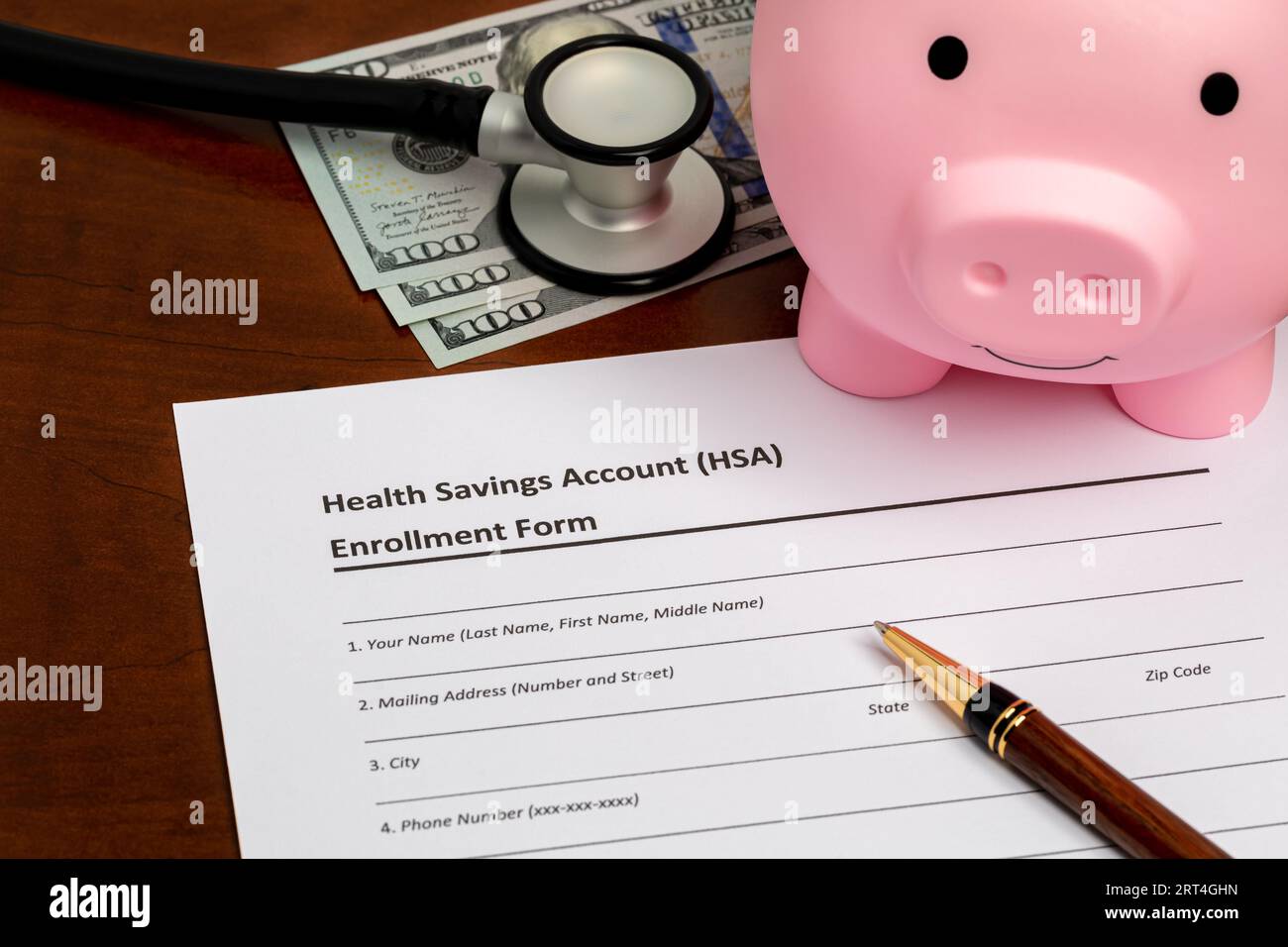 Health savings account, HSA, form with piggy bank and cash money. Health insurance, medical and dental healthcare costs concept. Stock Photo