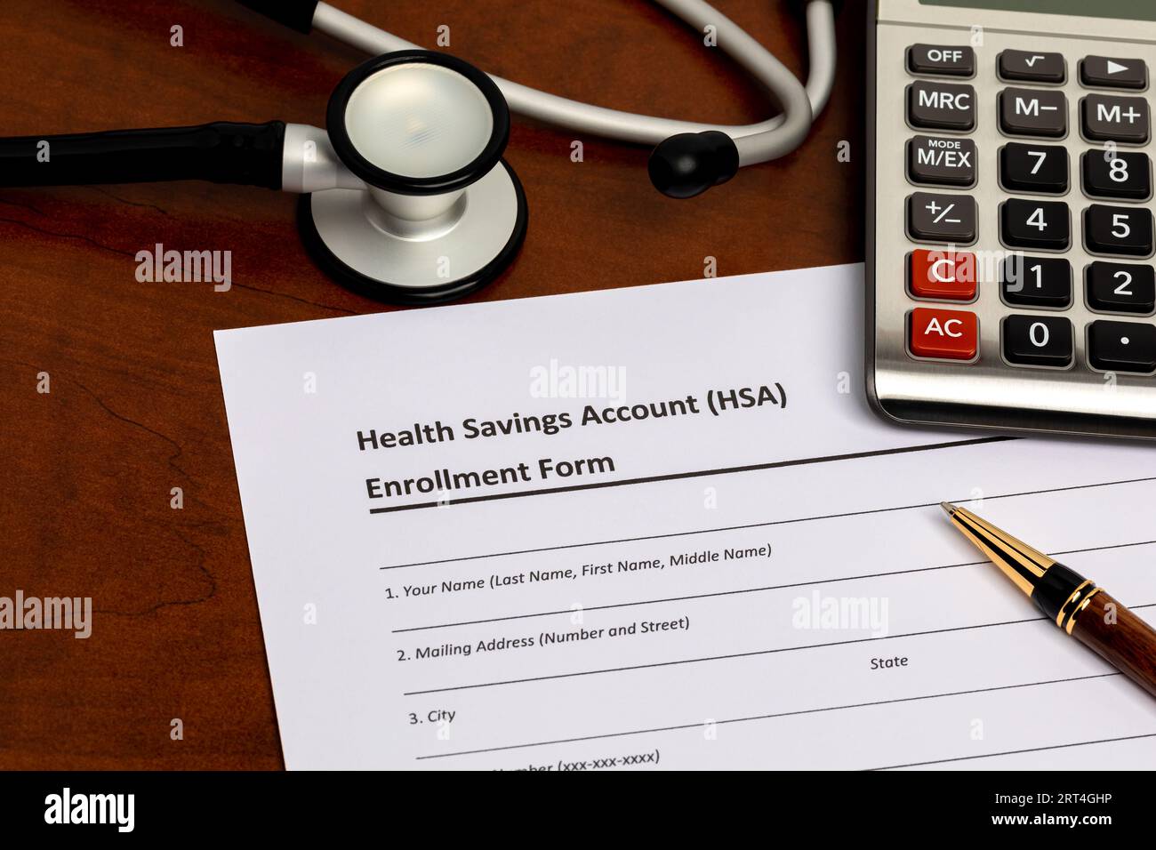 Health savings account, HSA, form with stethoscope. Health insurance, medical and dental healthcare costs concept. Stock Photo