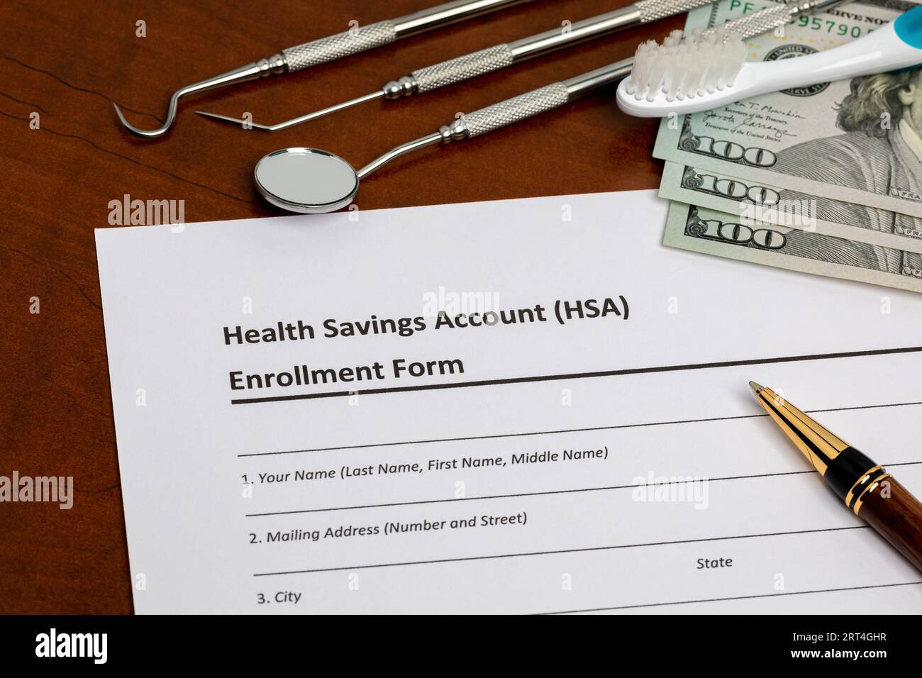 Health savings account, HSA, form with dental equipment. Health insurance, medical and dental healthcare costs concept. Stock Photo