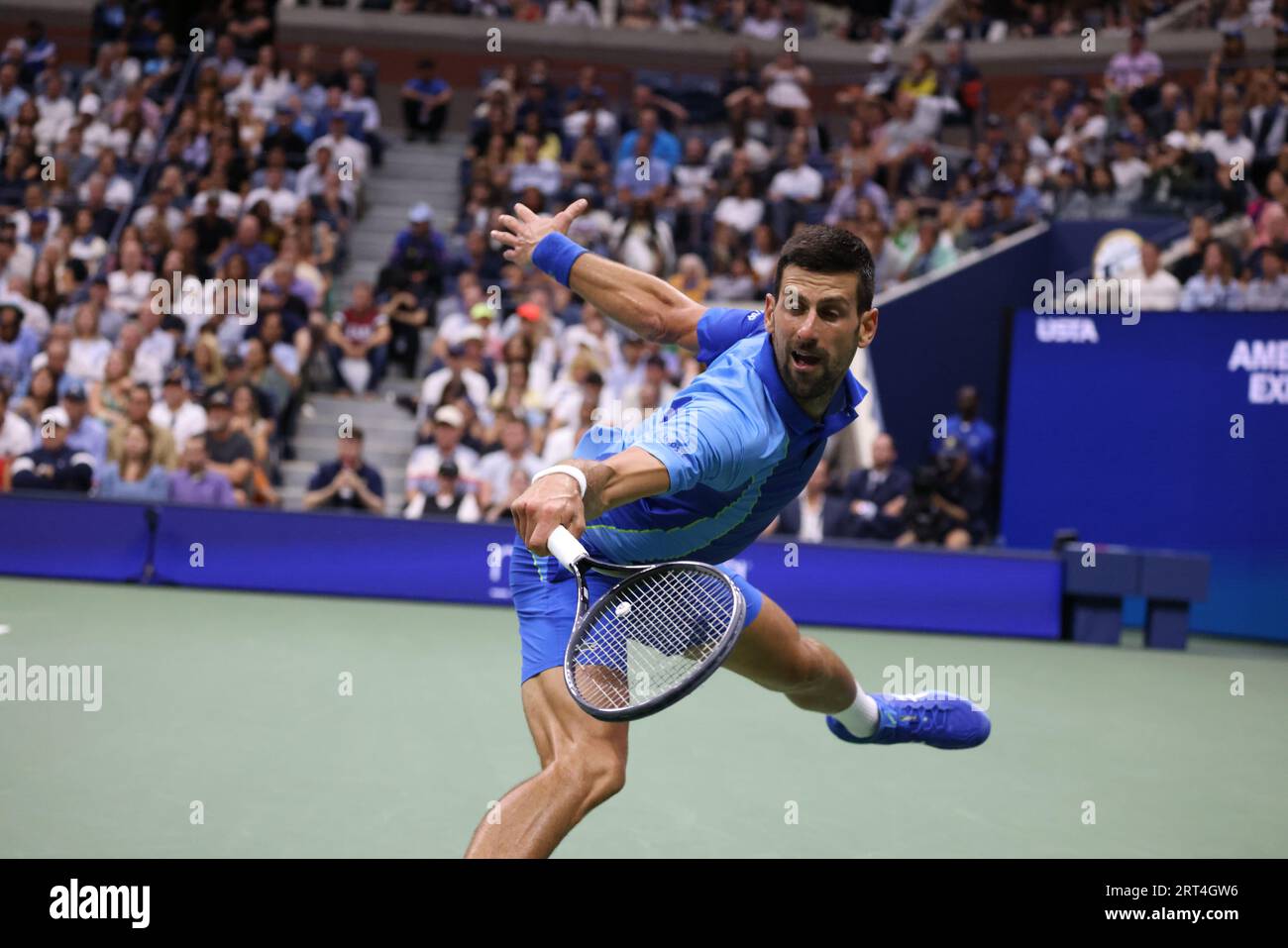 New York, United States. 10th Sep, 2023. Novak Djokovic in action against Daniil Medvedev in the men's final at the US Open. Credit: Adam Stoltman/Alamy Live News Stock Photo